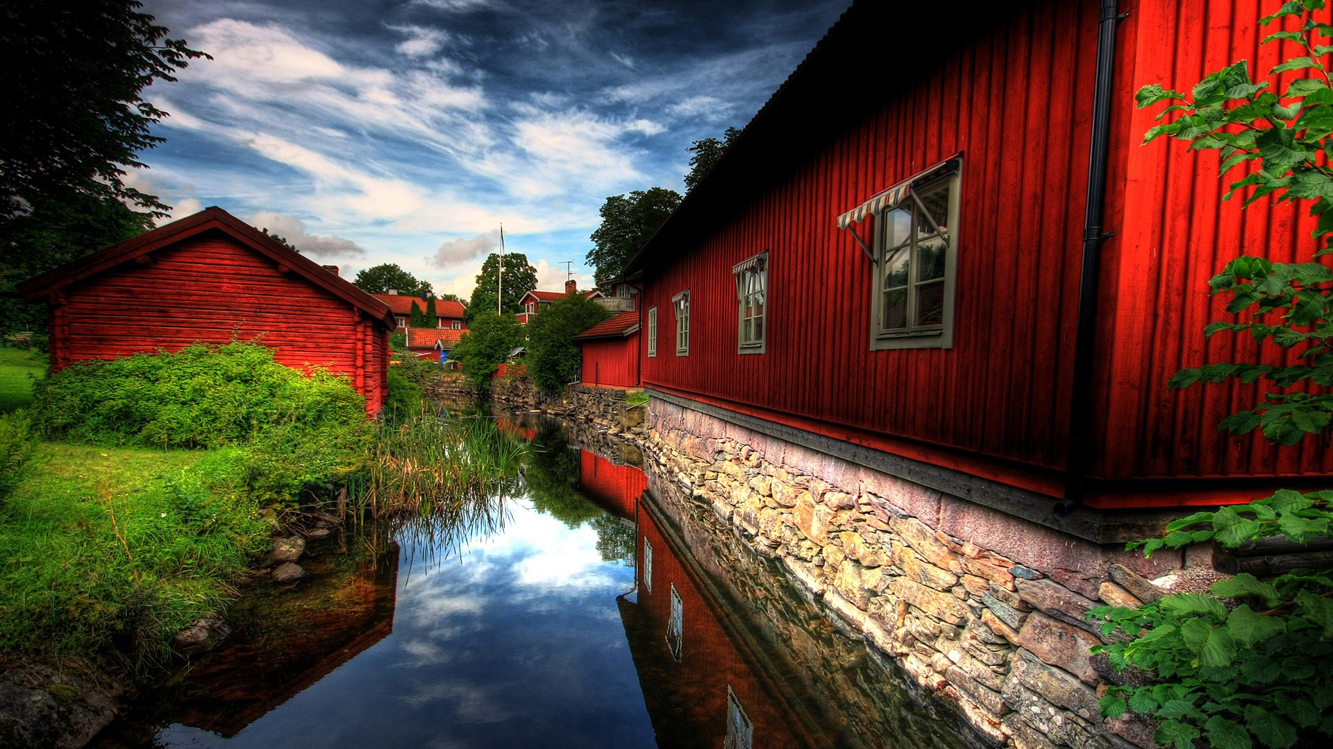 Sweden Village Wood House Creeks Reflection 1920x1080