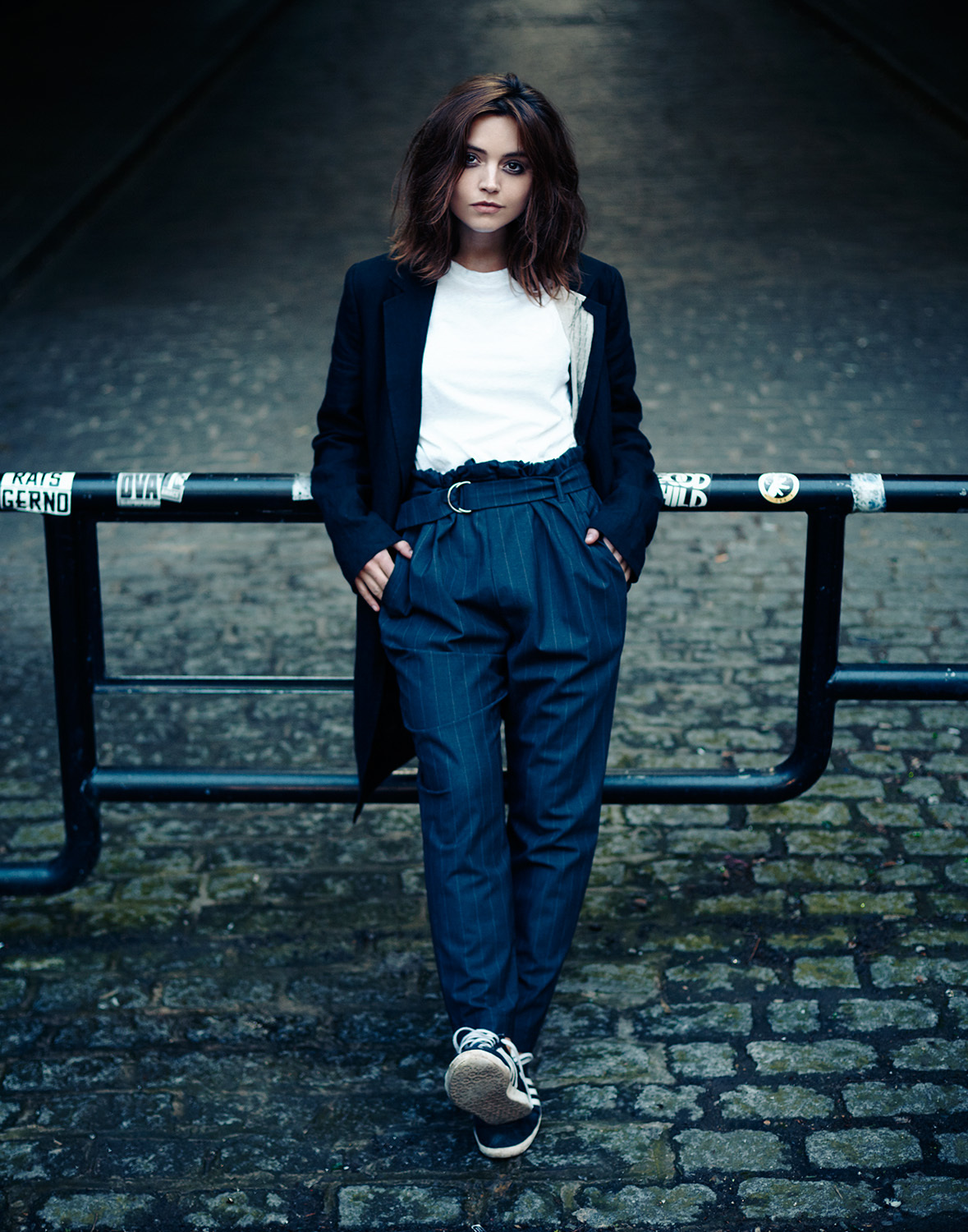 Jenna Coleman Actress Women Actress Brunette Women Outdoors Sneakers Hands In Pockets Depth Of Field 1179x1500