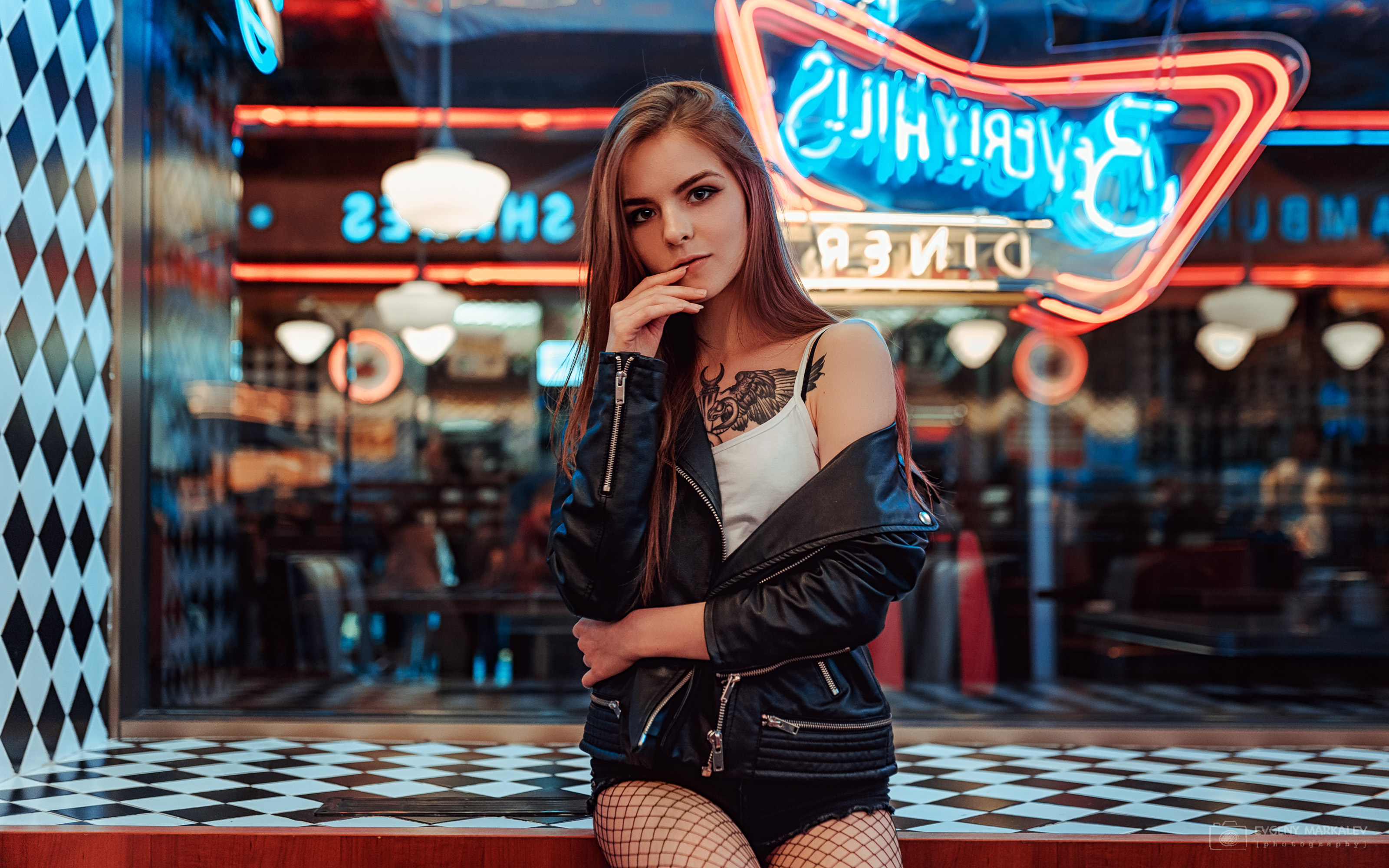 Women Portrait Tattoo Leather Jackets Finger On Lips Depth Of Field Evgeny Markalev Vasilisa Sarovsk 3200x2000