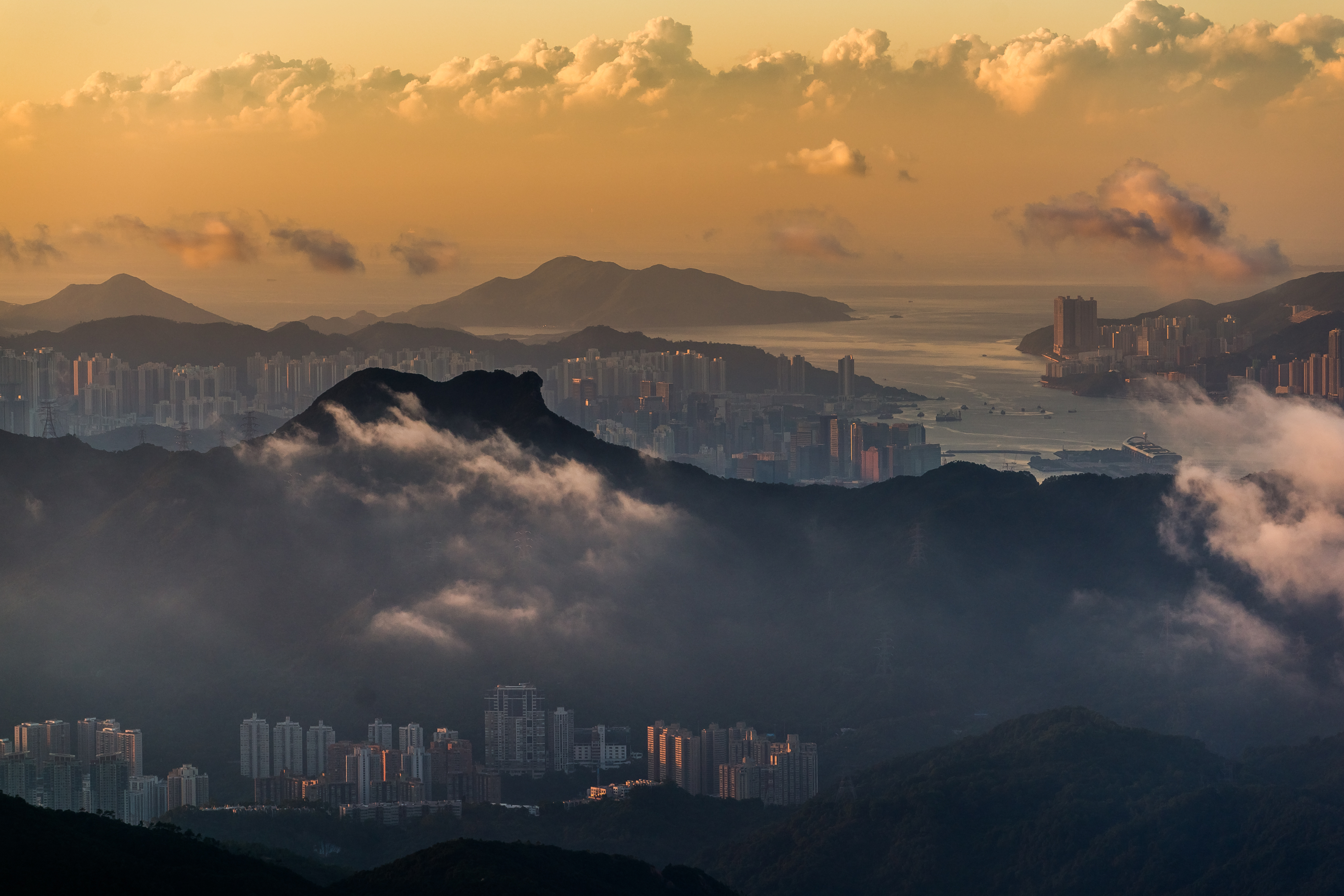 Hong Kong Victoria Harbour Sky Mountains Clouds Building Horizon 3464x2309
