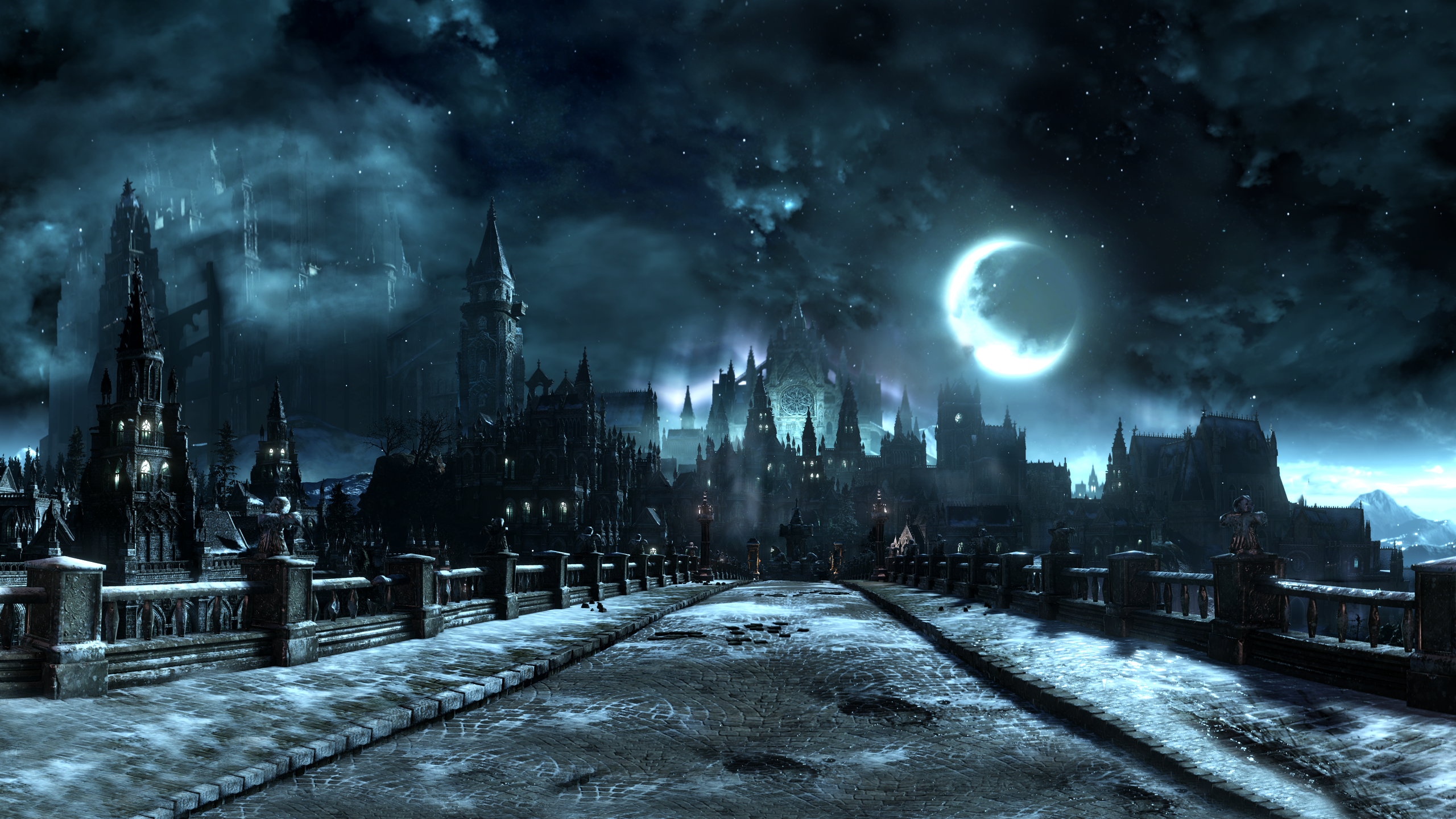 Dark Souls Iii Dark Souls Iii Video Games Castle Cathedral Bridge Moon Screen Shot Village Irithyll 2560x1440