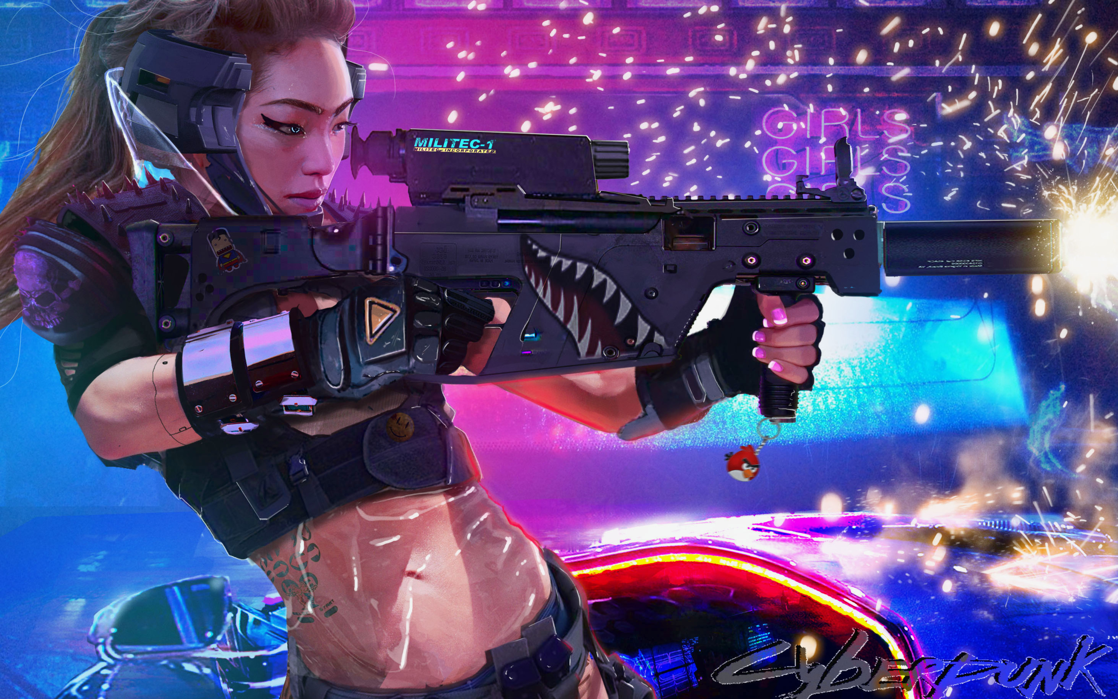 Women Digital Art Asian Weapon Cyberpunk Science Fiction Artwork Futuristic Crop Top Shooting Cyberp 3840x2400
