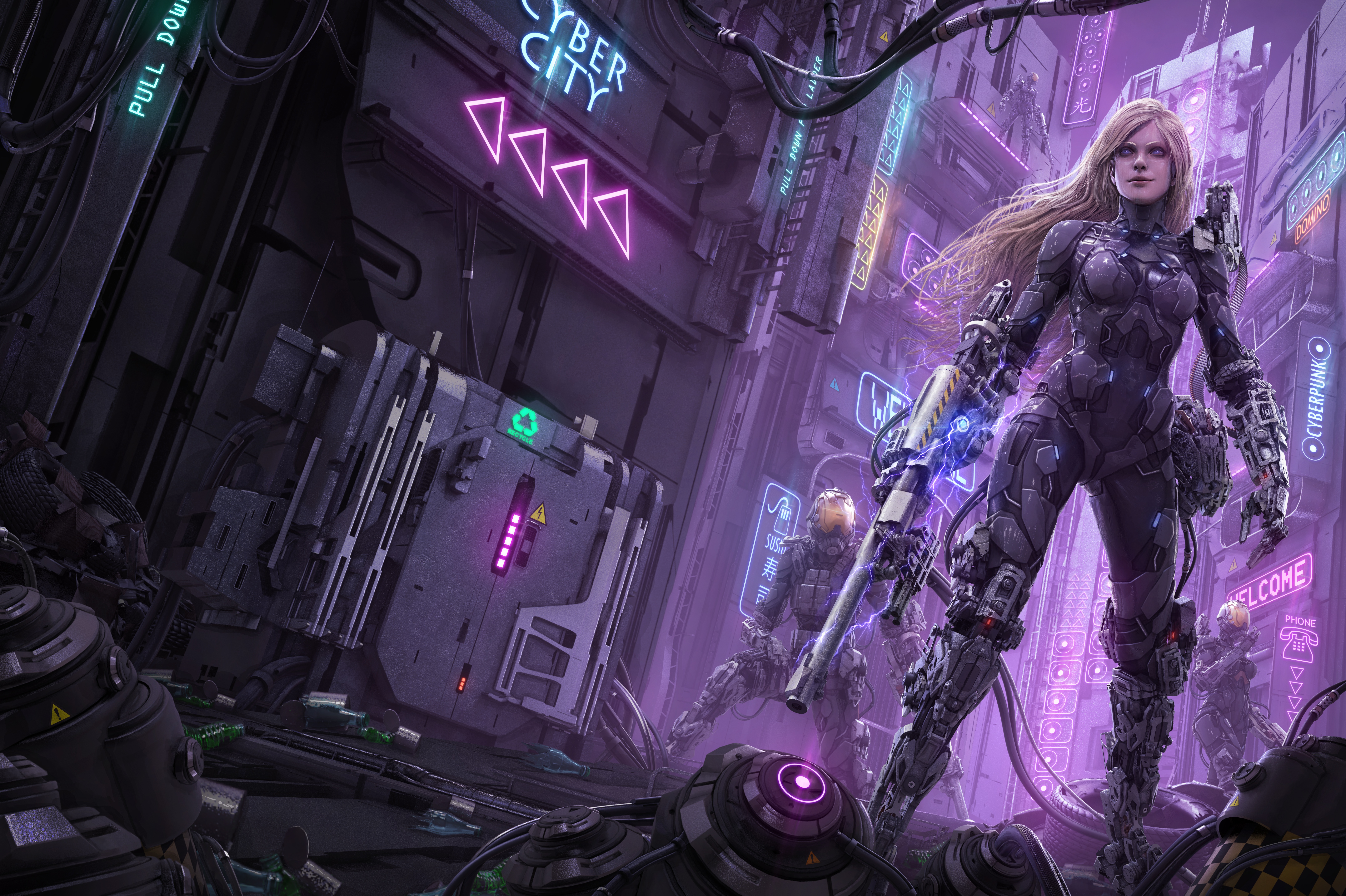 Science Fiction Artwork Women Futuristic Armor Futuristic City Blonde Neon Weapon Tek Tan 7000x4662