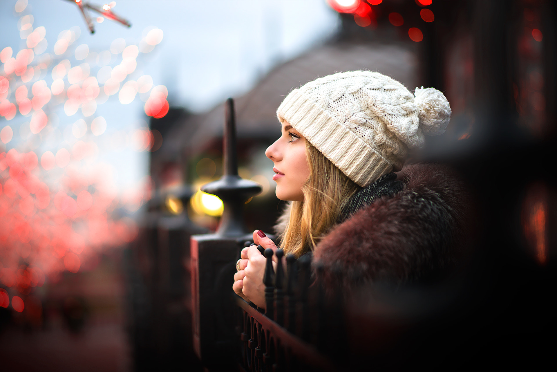 Women Blonde Hat Blue Eyes Women Outdoors Face Portrait Bokeh Lights Winter Profile Fur Coats Anton  1920x1282