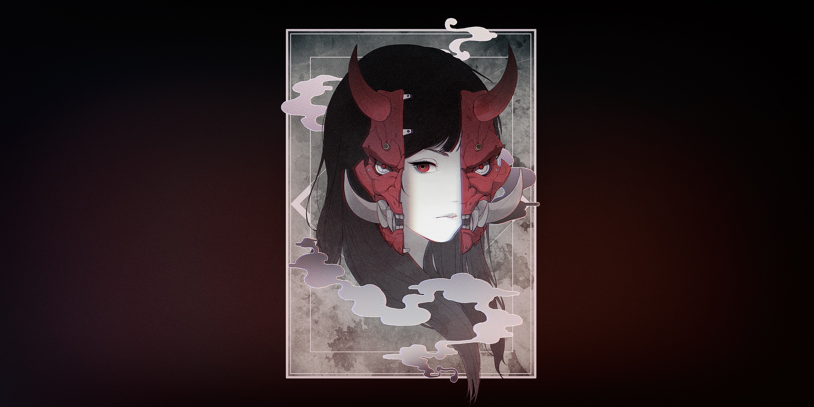 Cyberpunk Face Red Eyes Anime Anime Girls Horns Oni Mask Long Hair 2800x1400