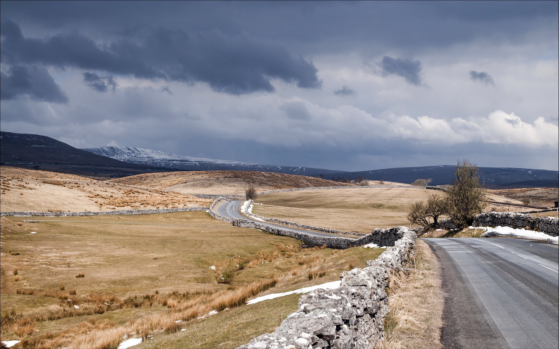 Road Landscape England Field Hills Snow Stone Wall Overcast Stones 1920x1200