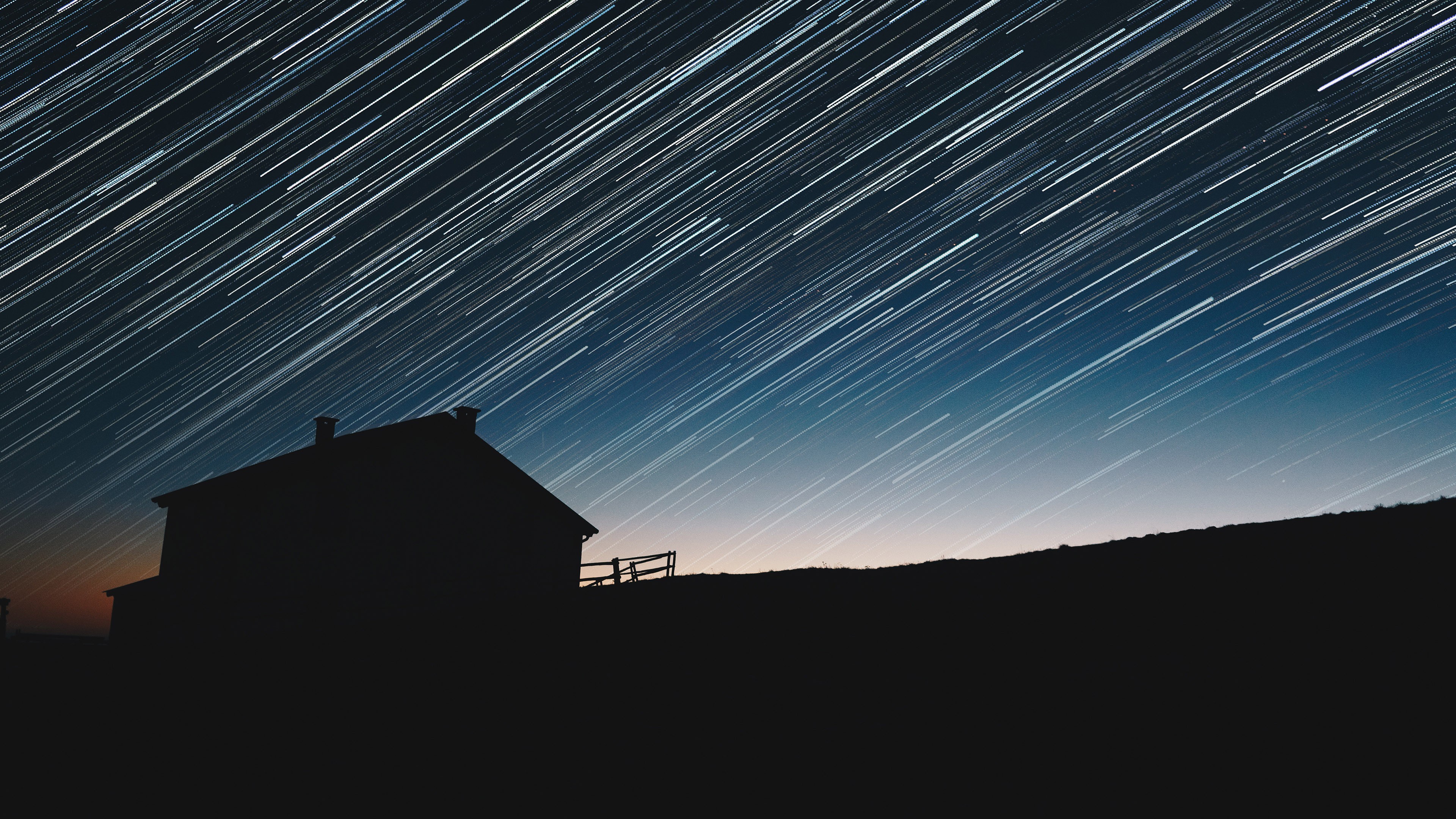 Photography Star Trails Silhouette Sky House Long Exposure 3840x2160