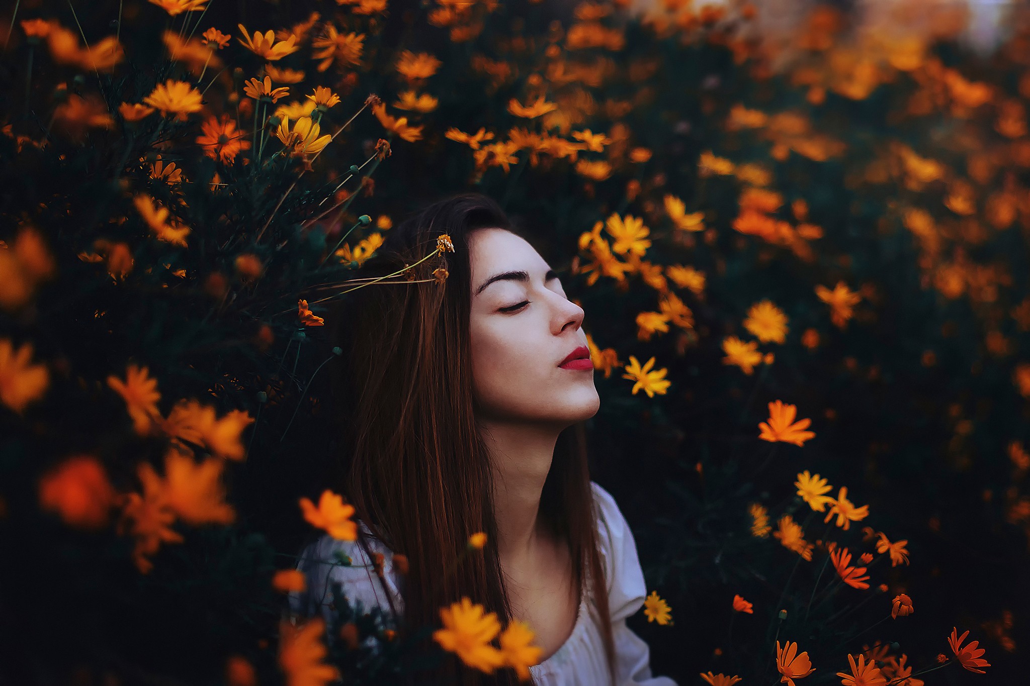 Ronny Garcia Women Long Hair Model Depth Of Field Auburn Hair Straight Hair Face Portrait Flowers Da 2048x1365