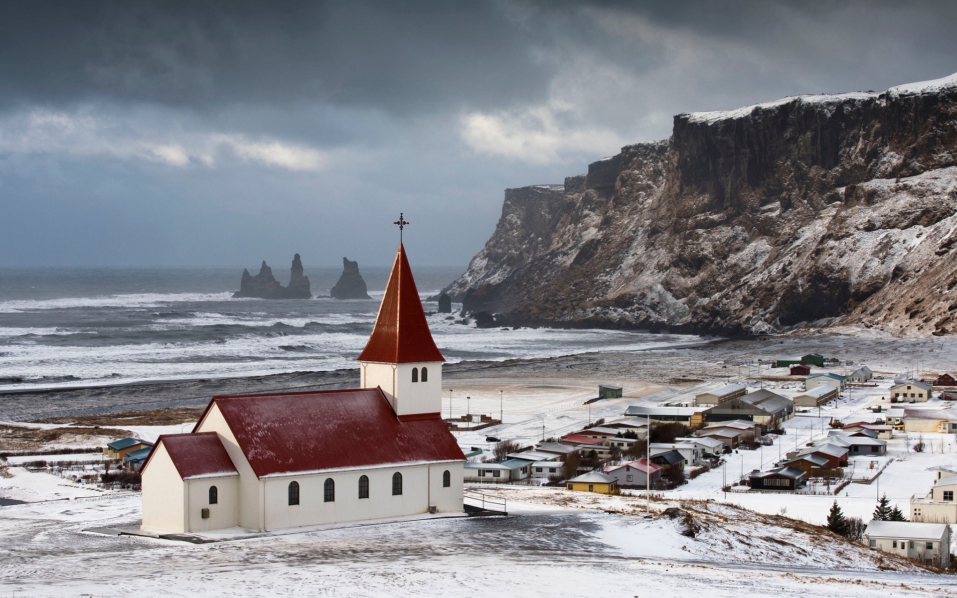 Landscape Church Cliff Sea Snow Winter Iceland Vik 1920x1200