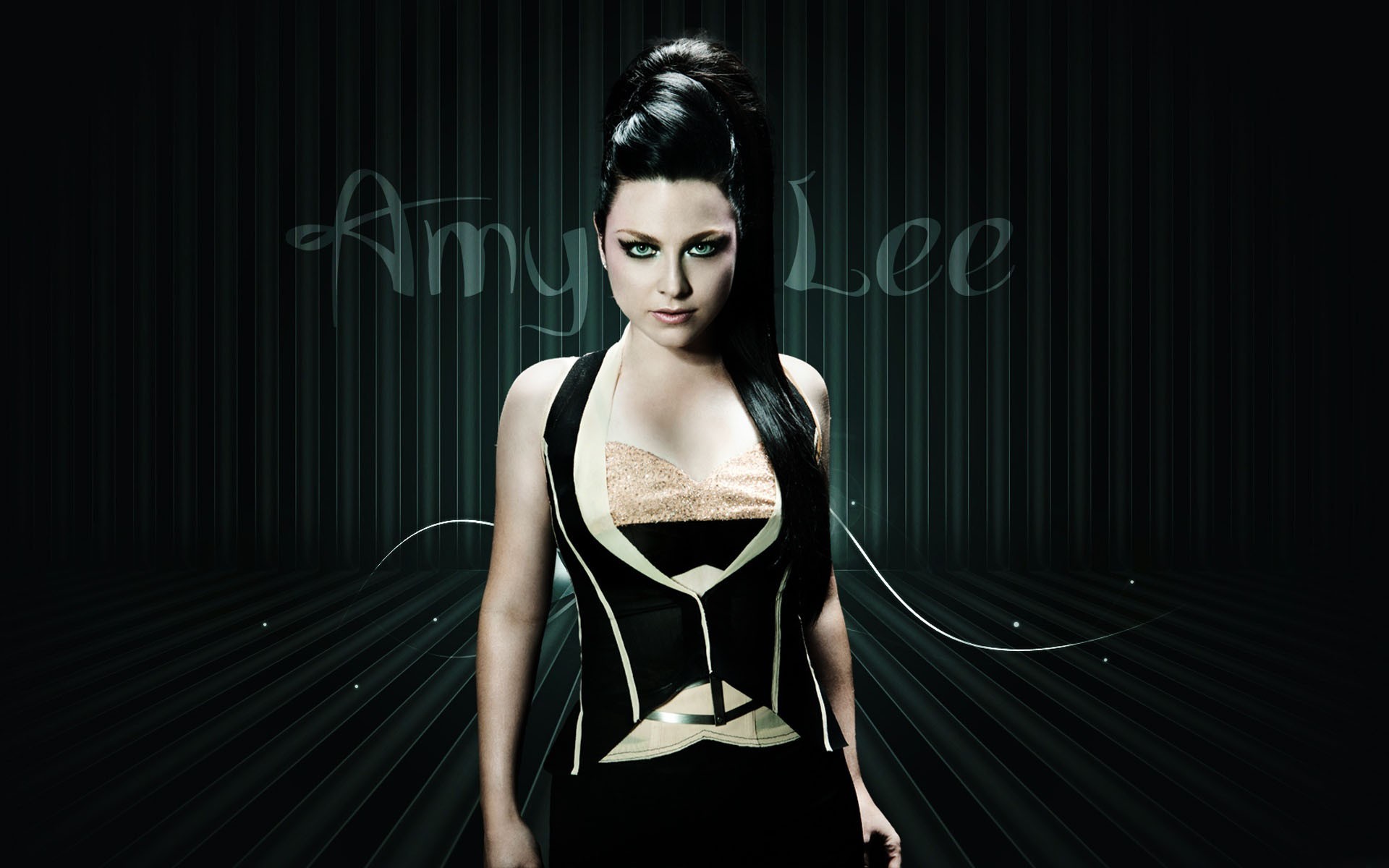 Singer Women Evanescence Black Hair Long Hair Eyeliner Looking At Viewer Black Clothing Frontal View 1920x1200