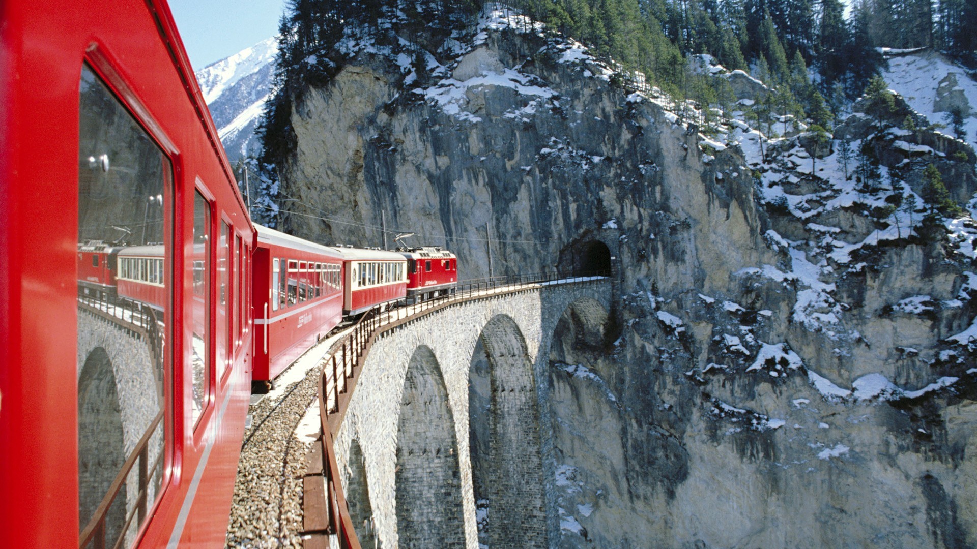 Nature Landscape Mountains Snow Winter Clouds Trees Train Railway Bridge Tunnel Reflection Red Landw 1920x1080