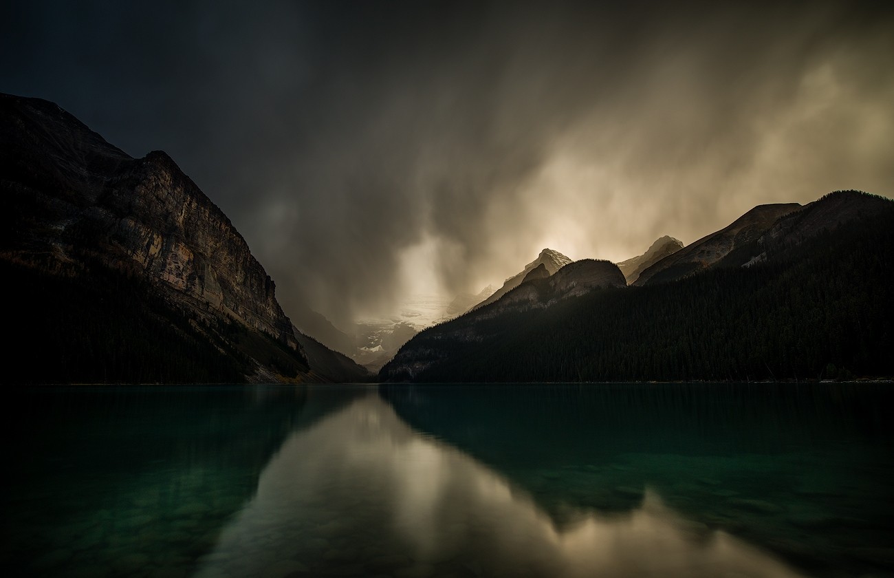 Photography Landscape Nature Lake Mountains Dark Clouds Reflection Storm Lake Louise Canada 1300x840