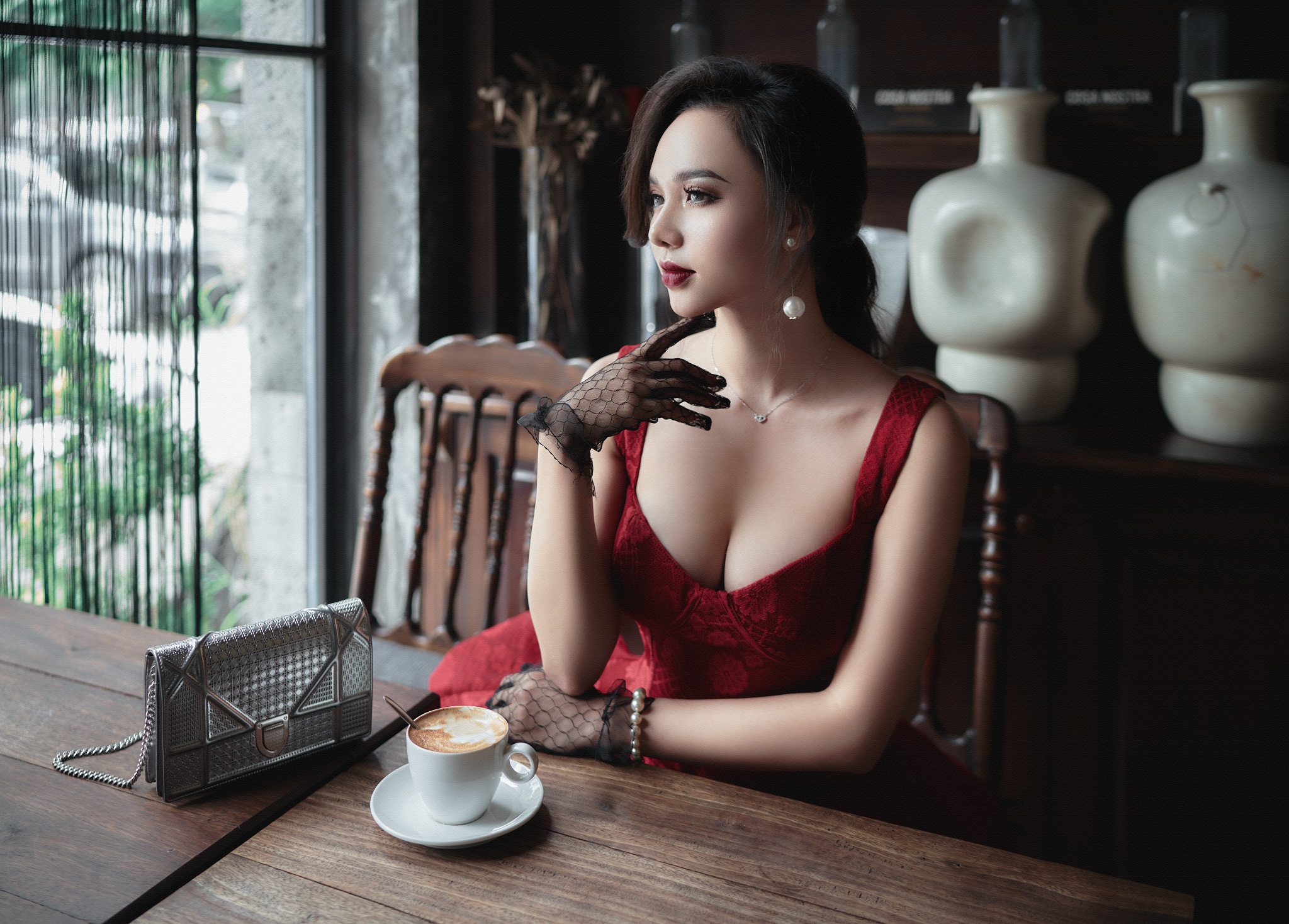 Women Model Asian Brunette Looking Away Dress Gloves Necklace Pearl Earrings Purses Coffee Women Ind 2048x1468