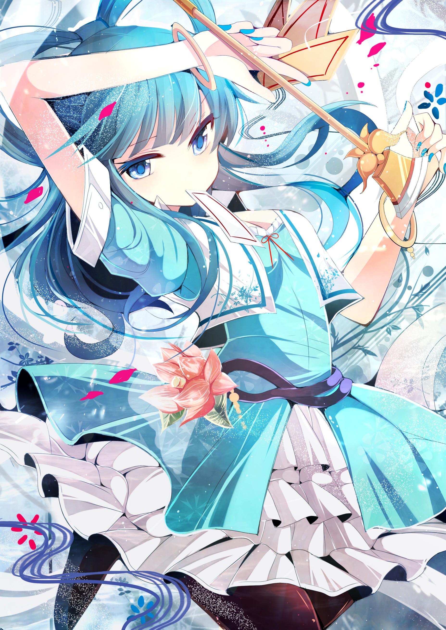 Touhou Kaku Seiga Blue Dress Playing Cards Flowers Jewelry Thigh Highs Long Hair Ribbon Anime Girls  1855x2620