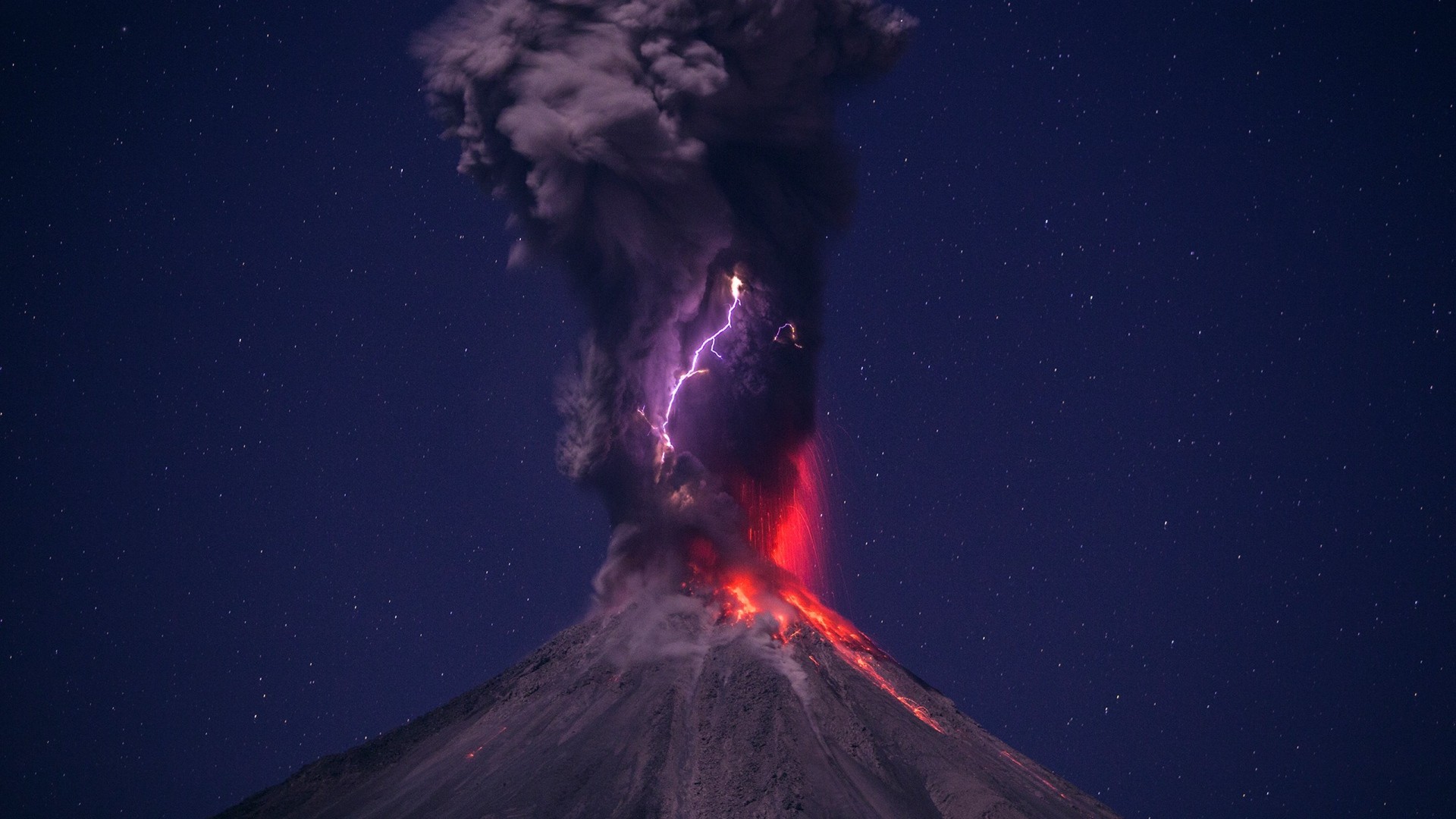 Nature Volcano Lava Smoke Lightning Night Stars Explosion Eruptions Long Exposure Landscape Volcano  1920x1080