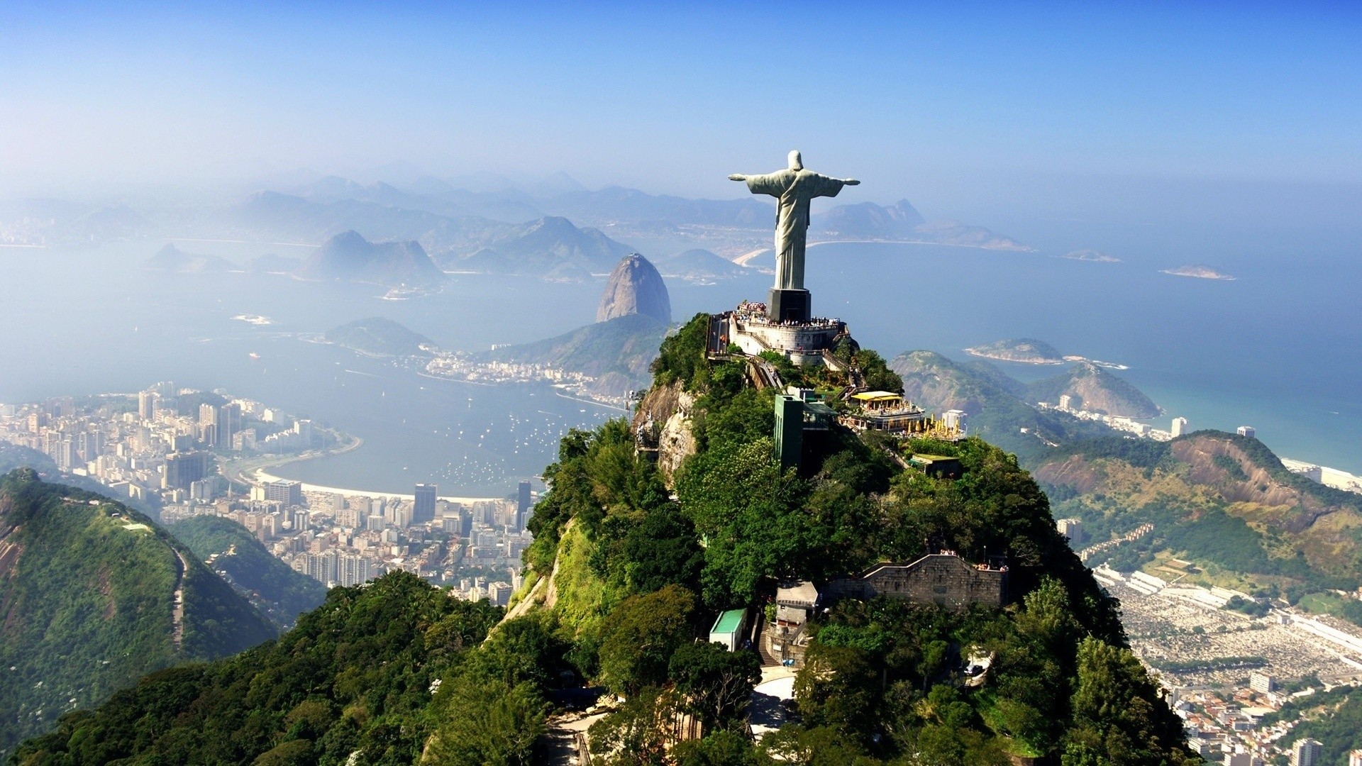 City Cityscape Architecture Birds Eye View Building Rooftops Rio De Janeiro Brasil Statue Jesus Chri 1920x1080