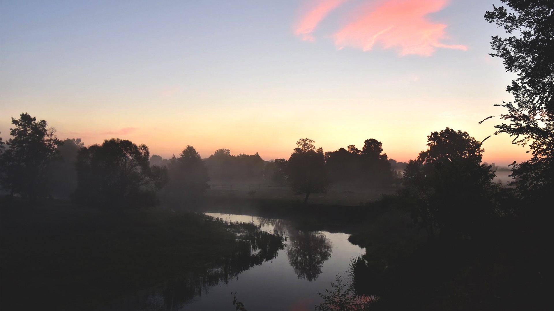 Landscape River Morning Sun Clear Sky Oak Trees Forest Photography Justyna Ferska Poland 1920x1080