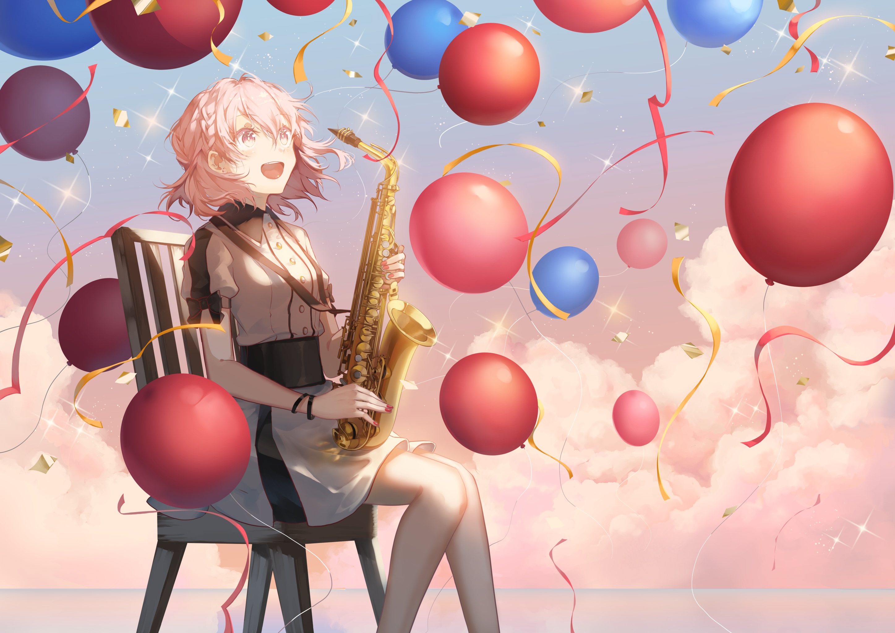 Saihate D3 Anime Girls Balloon Saxophones Smile Anime 2894x2047