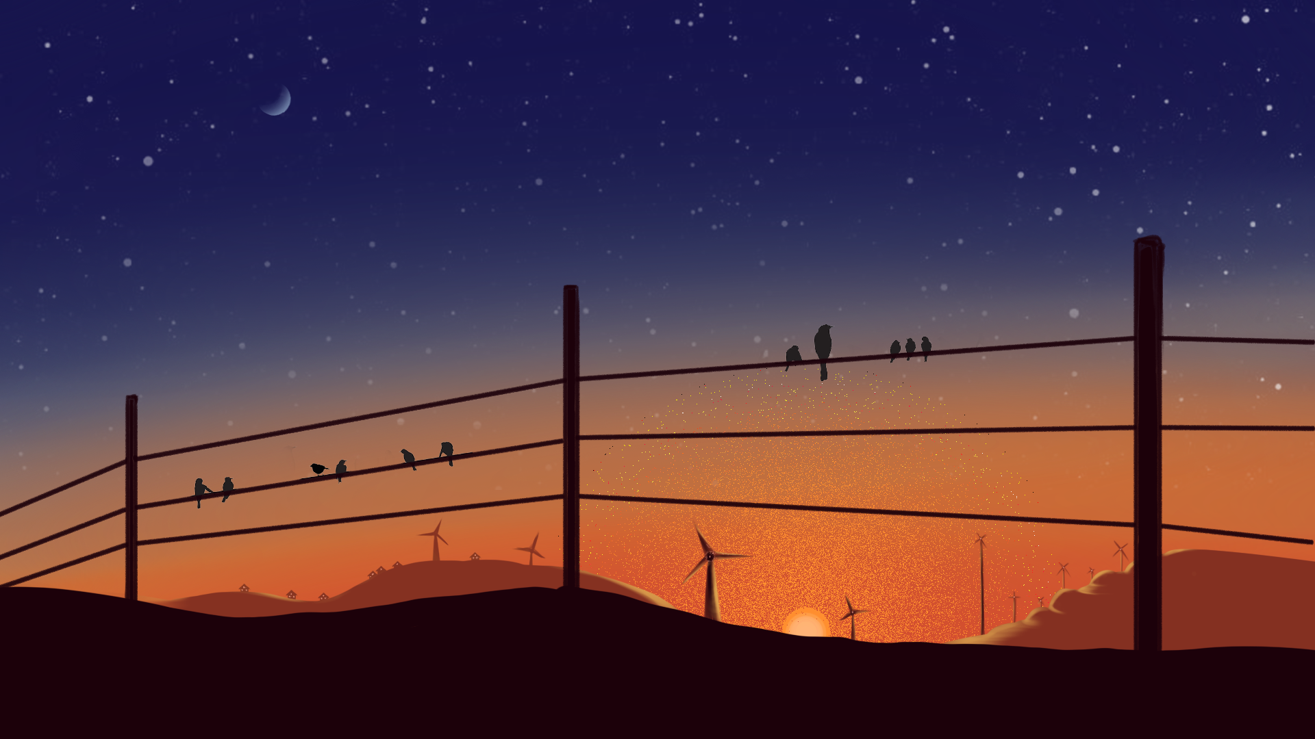 Landscape Modern Birds Sunset Moon Moonlight Sunlight Poles Windmill Hills Sky 1920x1080