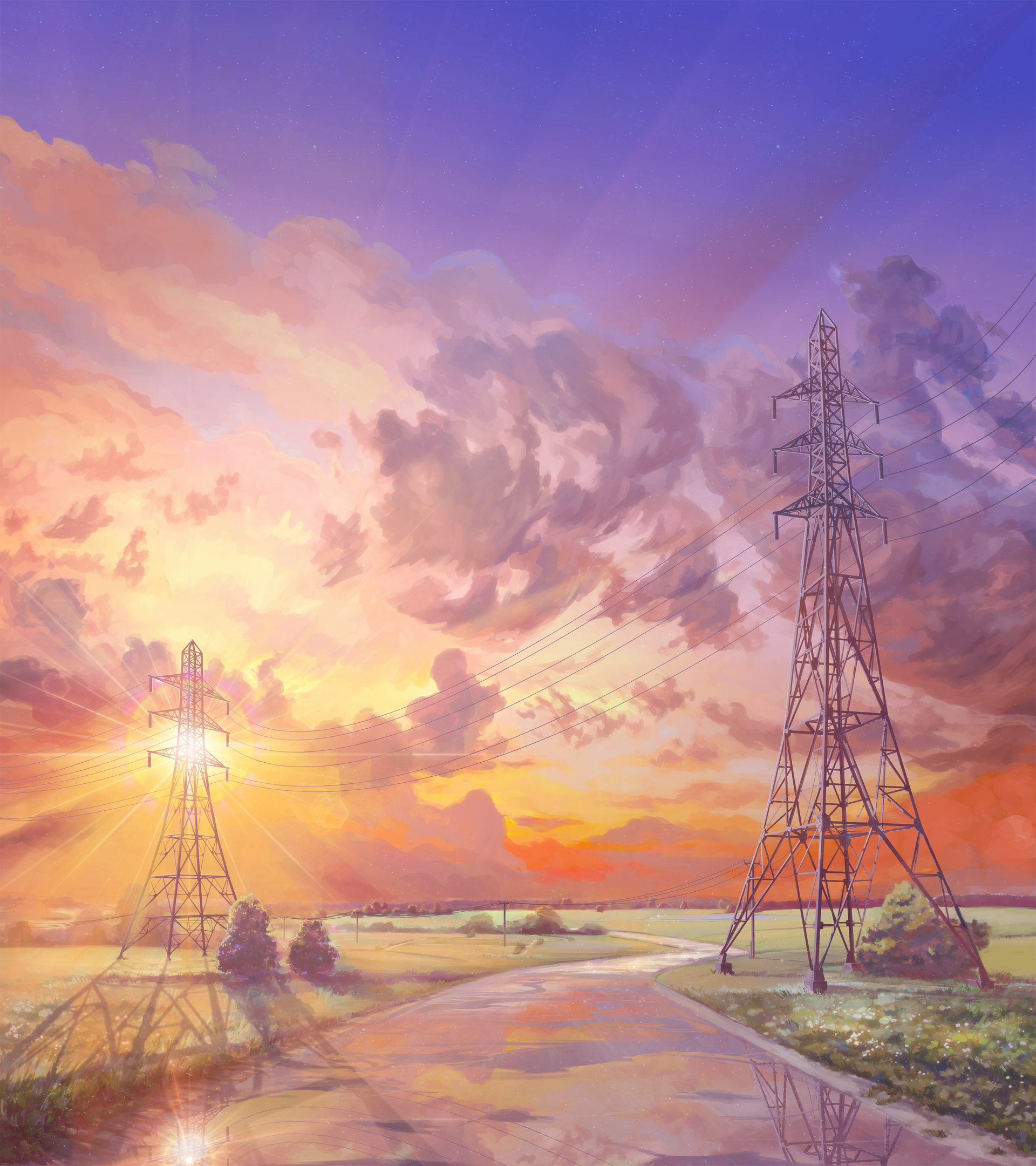 Everlasting Summer Soviet Games Everlasting Summer CG Power Lines Road Sunset Clouds Visual Novel Ar 1920x2160