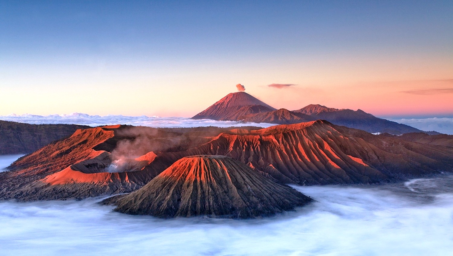 Nature Landscape Mountains Volcano Clouds Mist Crater Mount Bromo Indonesia Sunlight 1500x849
