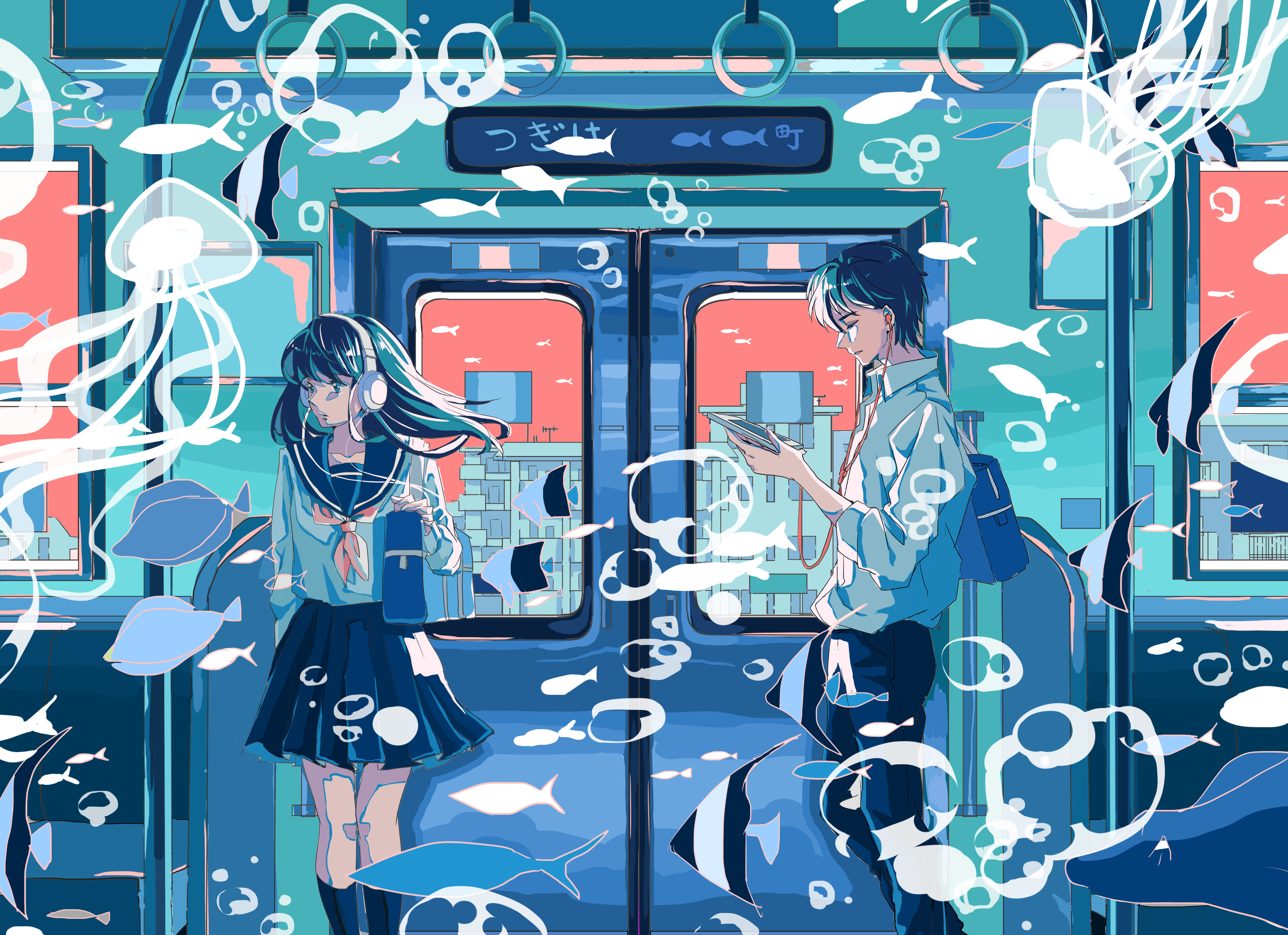 Anime Landscape Train School Uniform Headphones Bubble Fish 3911x2840