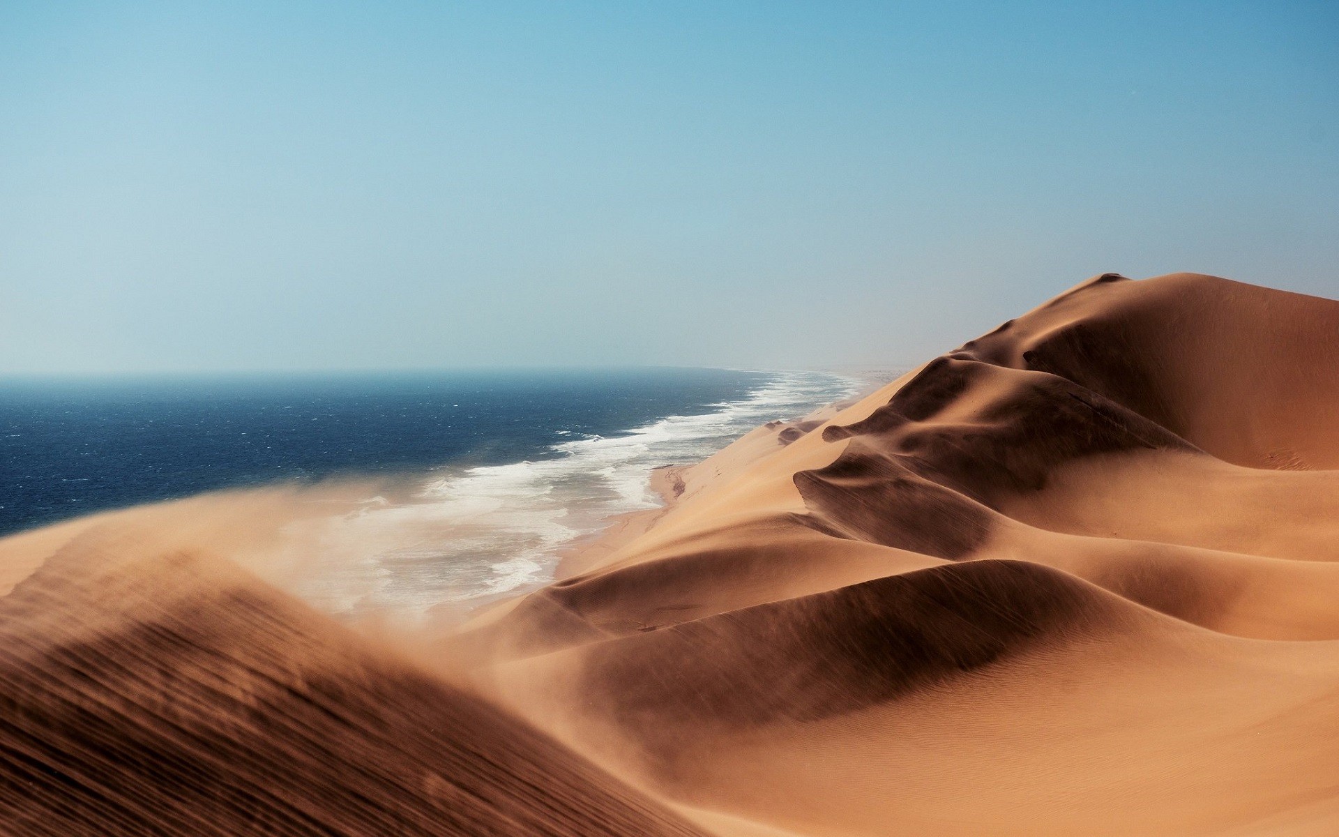 Namibia Desert Nature Landscape Sea Africa Sand Windy Dunes Dust Horizon Clear Sky Sky Water Waves B 1920x1200