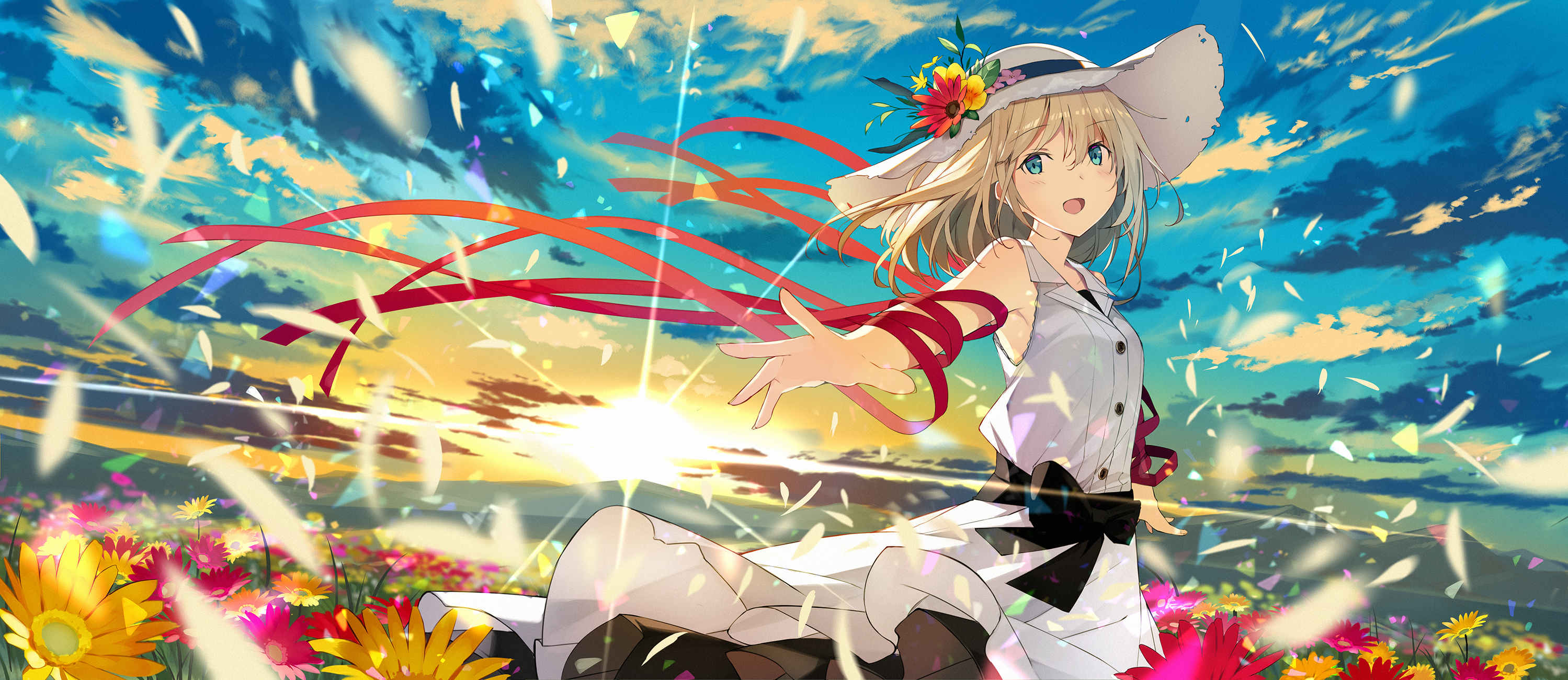 Sunset Summer Anime Girls Flowers Hat Blue Eyes Sky Blonde Anime Sunlight Ashima 2998x1300