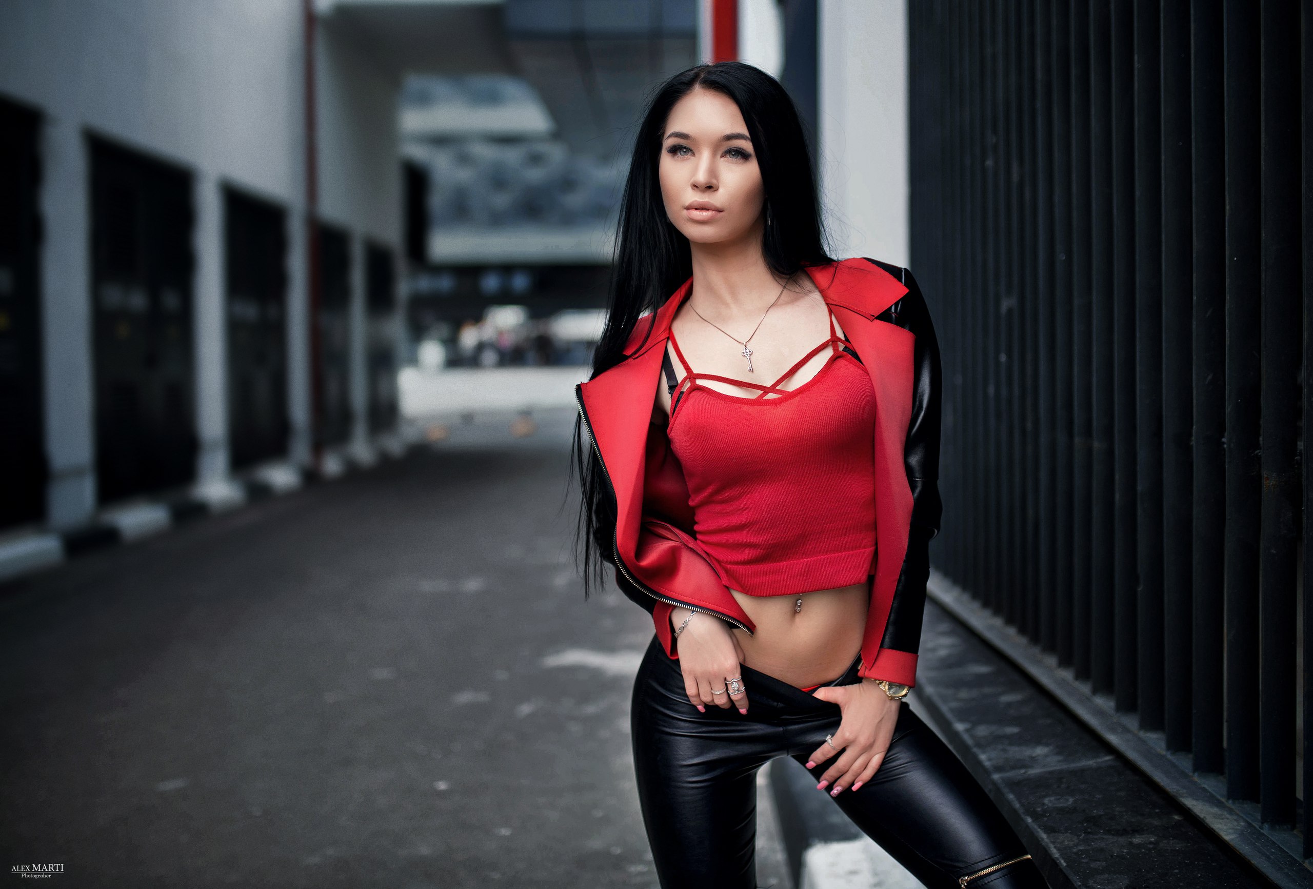 Women Leather Jackets Portrait Women Outdoors Looking Away Depth Of Field Alex Marti Anastasia Rumia 2560x1733