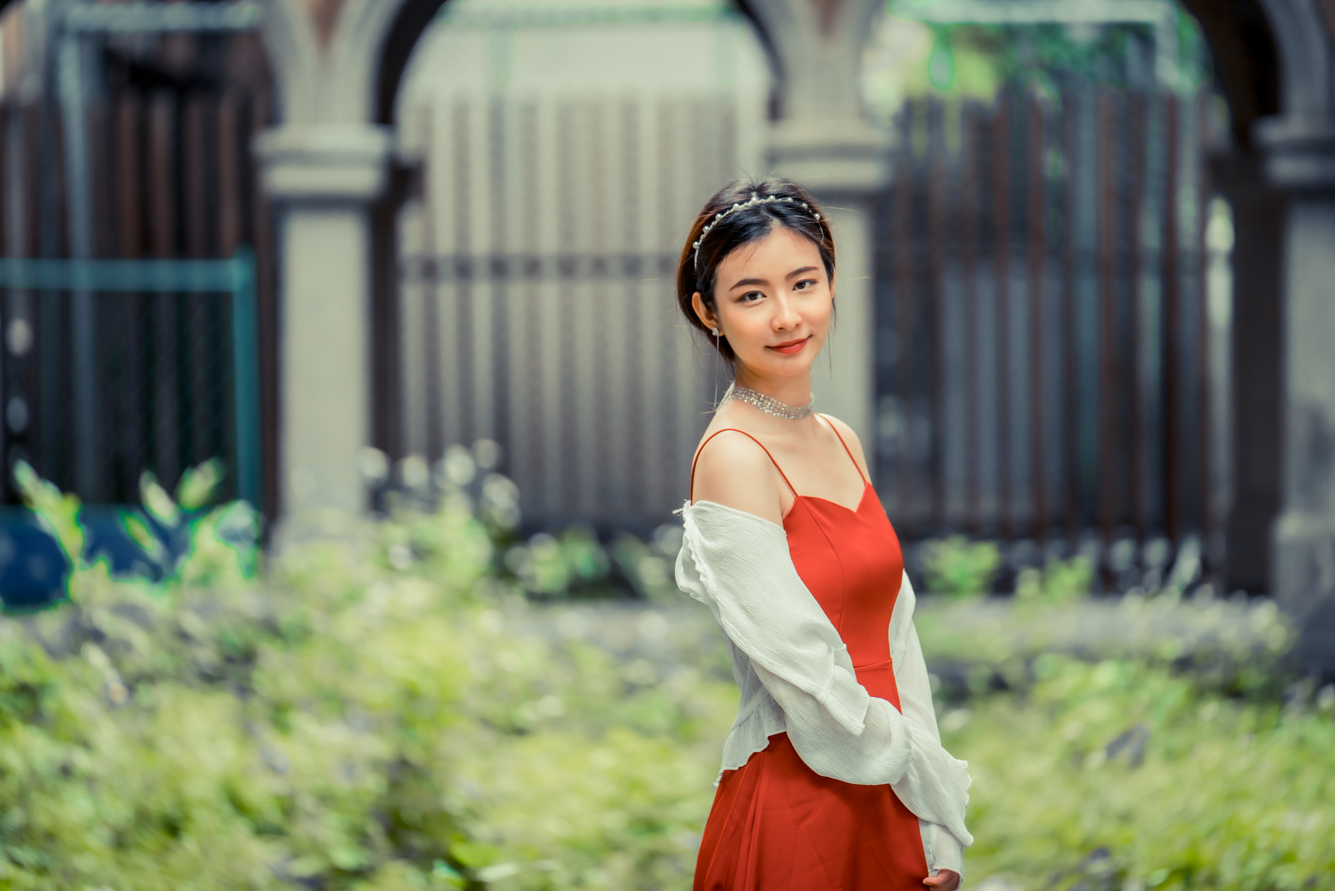 Asian Women Model Red Dress Depth Of Field Plants Trees Necklace Hair Bows Brunette Short Hair Arc W 4562x3043