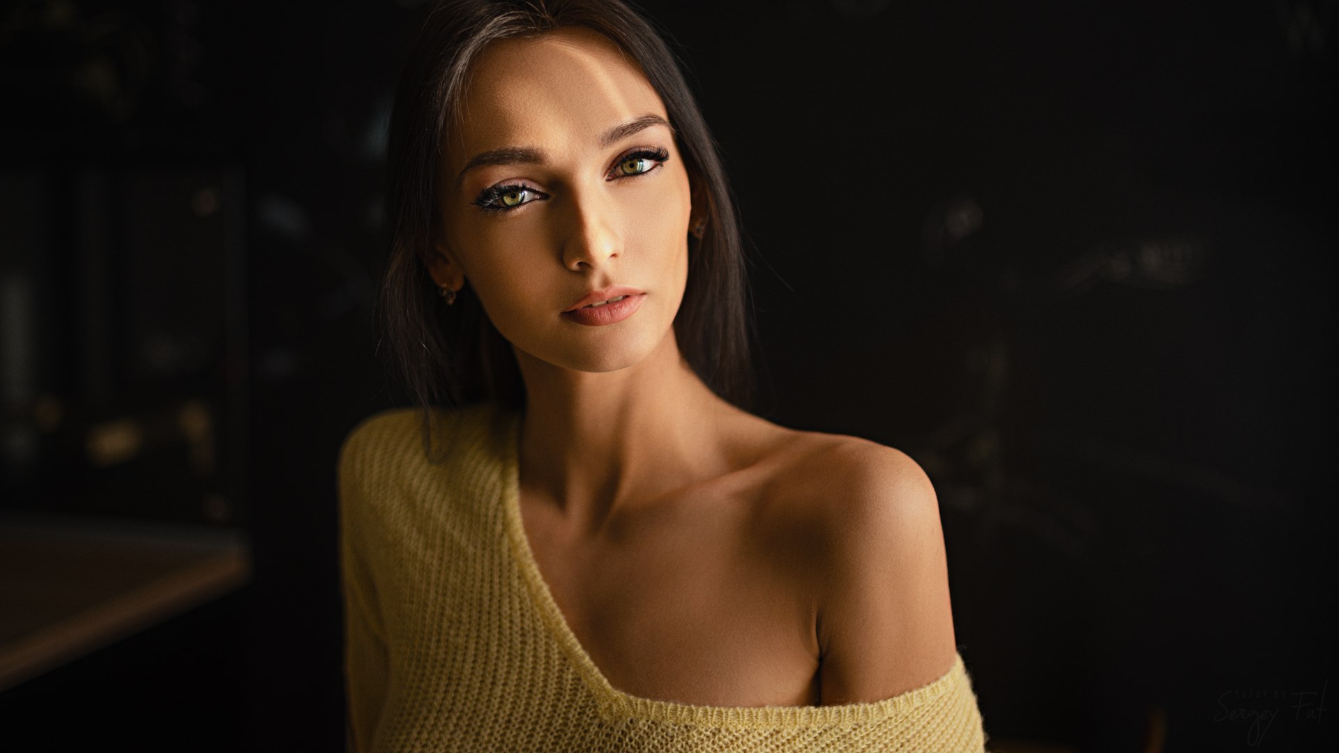 Women Portrait Face Model Sweater Sergey Fat Kseniya Alekseevskaya Green Eyes Yellow Sweater 1920x1080