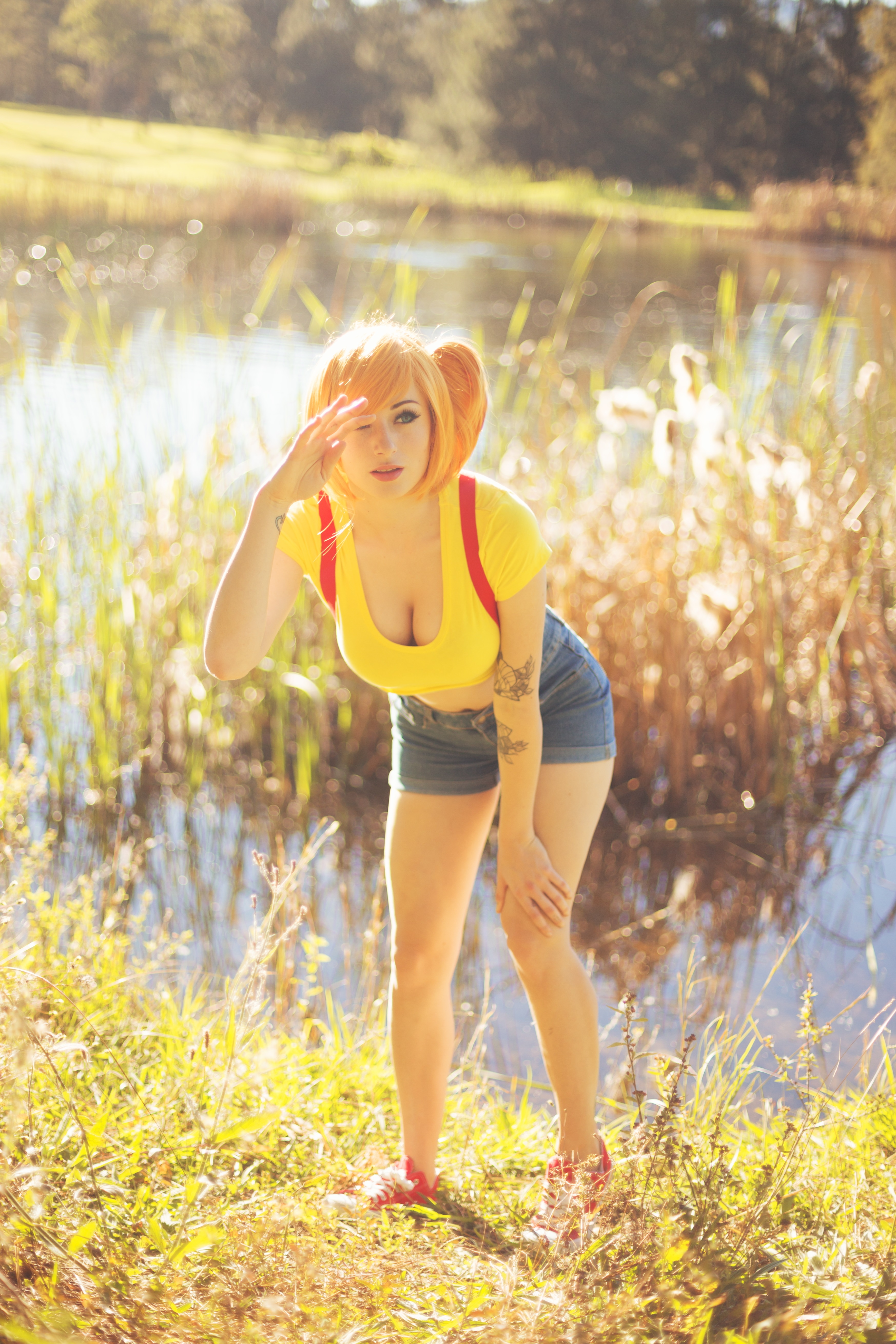 Women Cosplay Misty Pokemon Model Tattoo Inked Girls Redhead Suspenders Short Tops Looking Away Dept 3492x5238