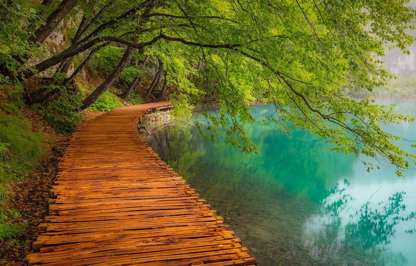 Landscape Photography Nature Walkway Lake Trees Path Turquoise Water Plitvice National Park Croatia 1400x895