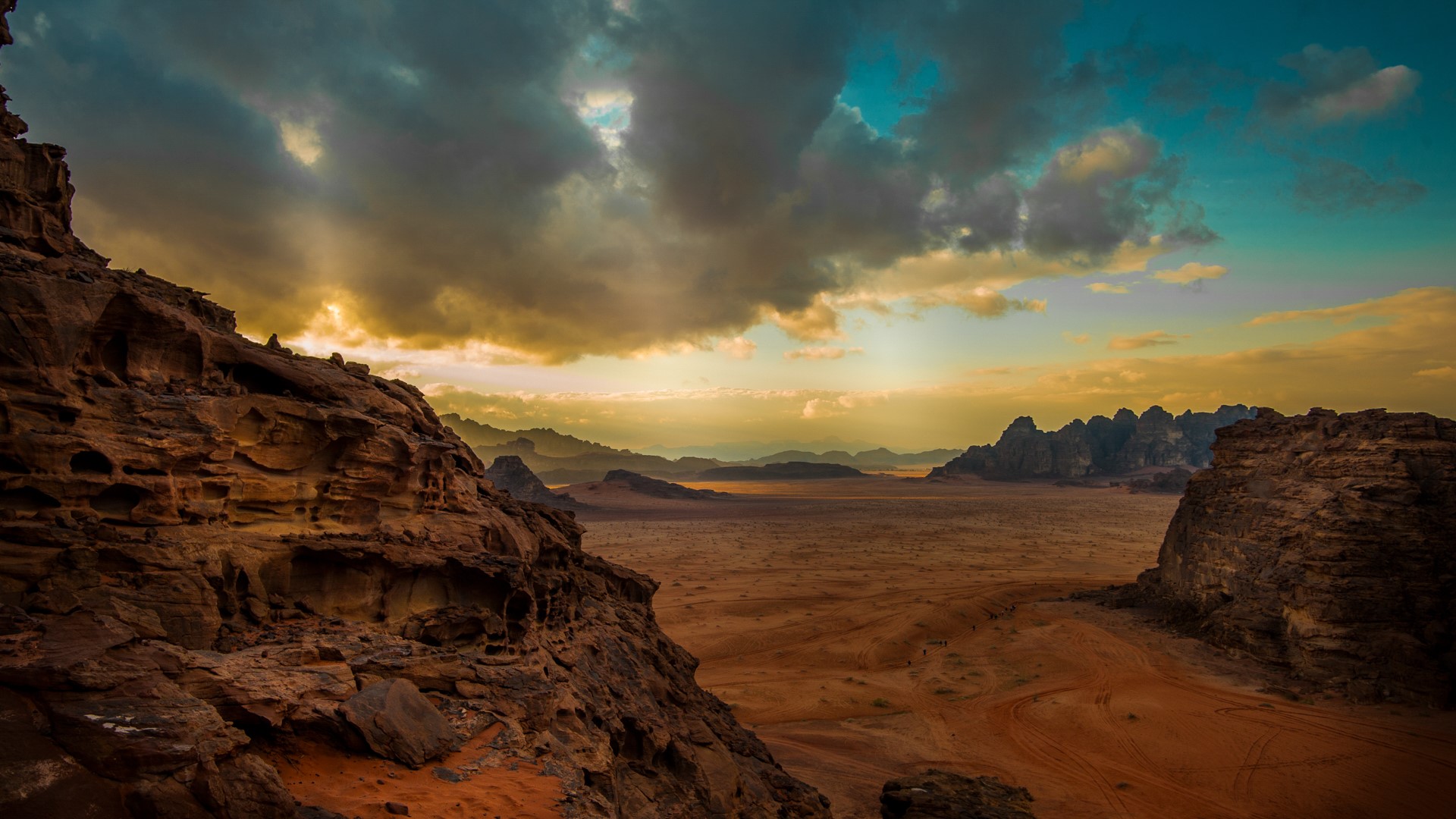 Nature Landscape Mountains Sand Plants Rocks Canyon Clouds Sky Sunset Desert Wadi Rum 1920x1080