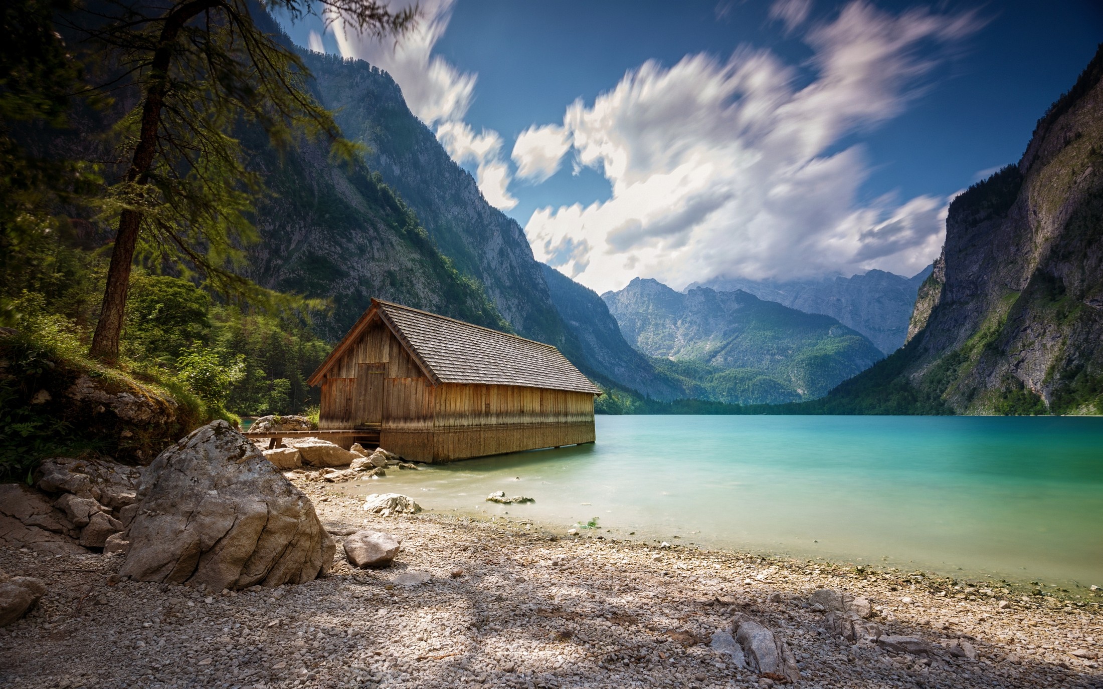 Landscape Nature Boathouses Lake Summer Mountains Alps Clouds Trees Beach 2200x1375