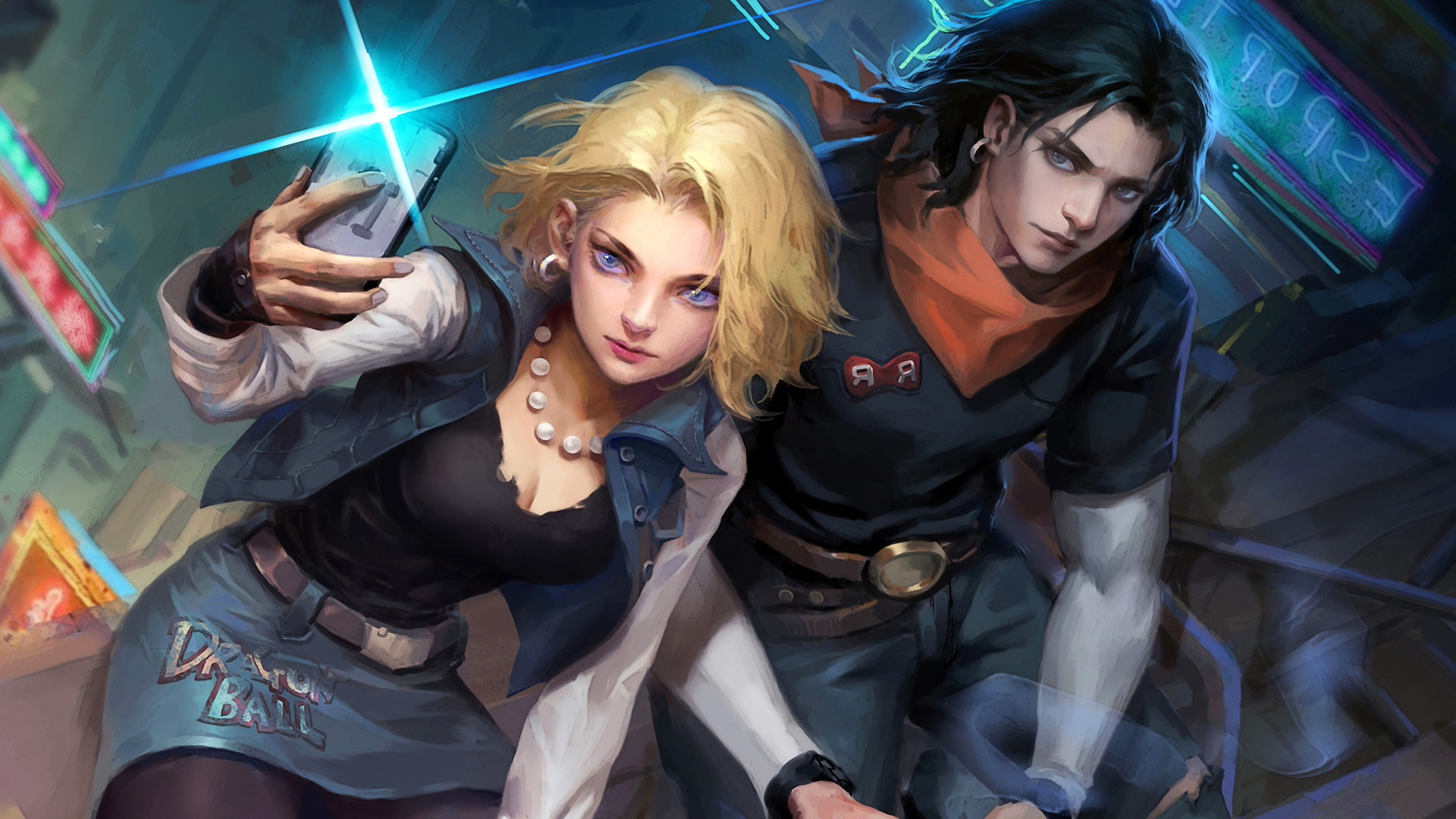 Dragon Ball Z Anime Artwork Digital Art Android 17 Android 18 Selfies Portrait Display 1920x1080