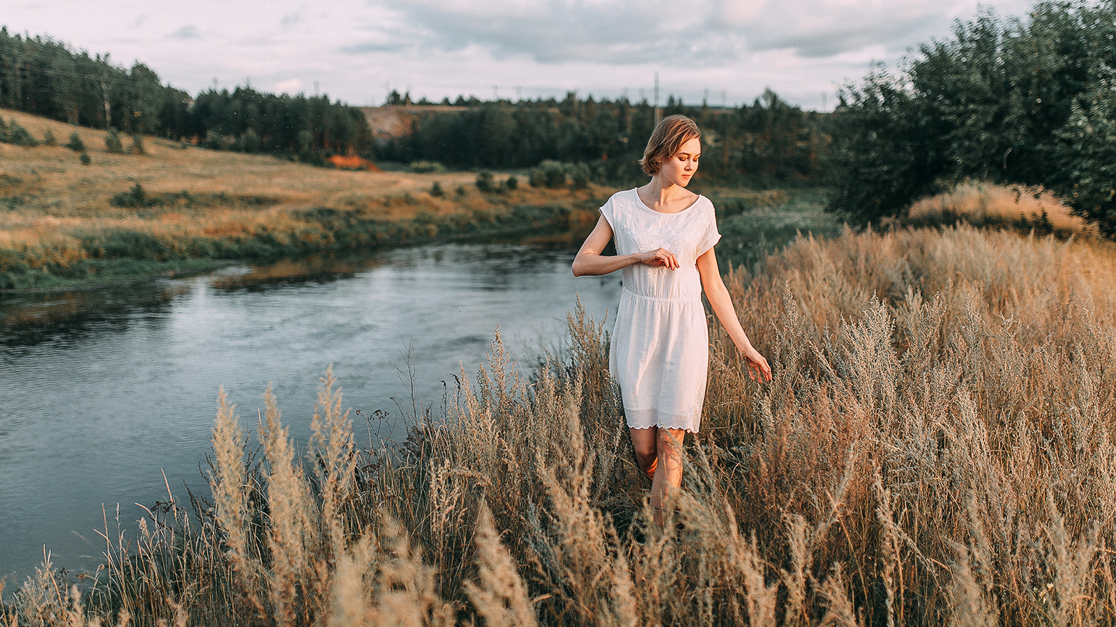 Women Blonde Closed Eyes White Dress River Pavel Vozmischev 1600x900