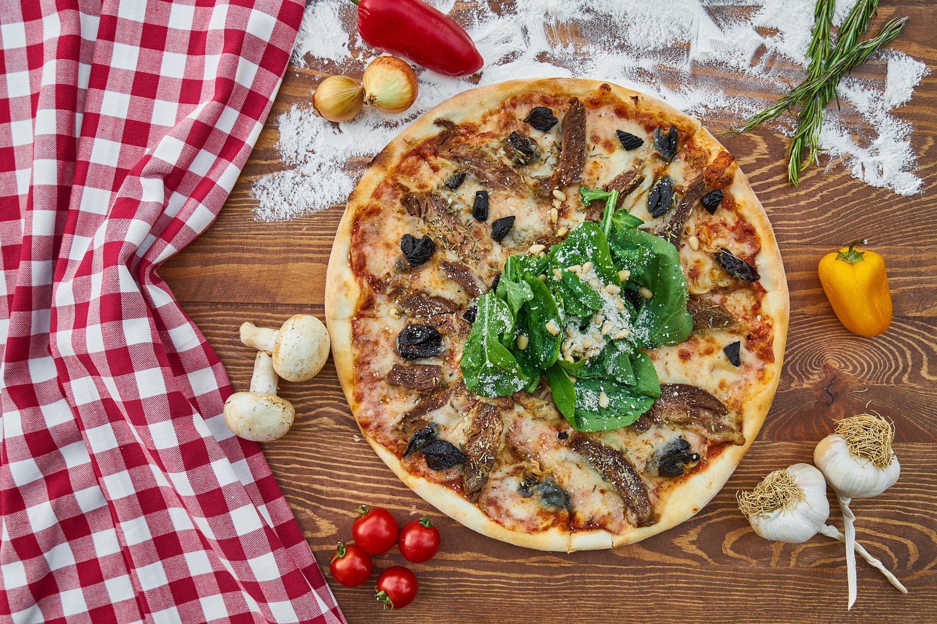 Pizza Food Vegetables Garlic Tomatoes Mushroom Red Pepper Olives Rosemary Cheese Flour Wooden Surfac 1920x1280