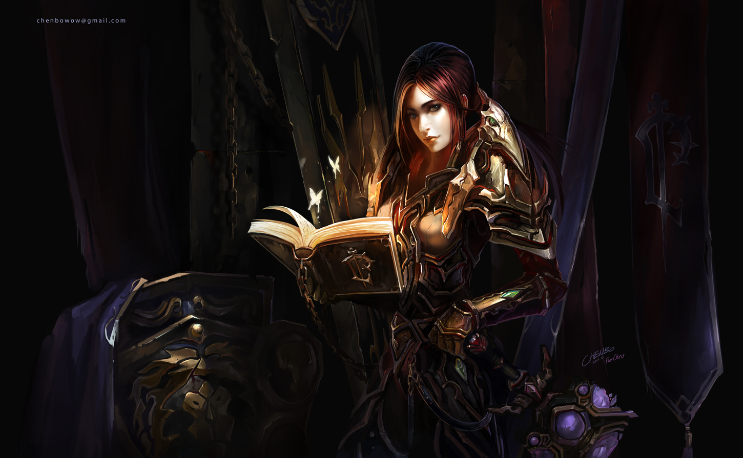 Chenbo Fantasy Art Fantasy Girl Armor Warcraft World Of Warcraft Paladin Books Shield Mace Weapon Bu 1450x895