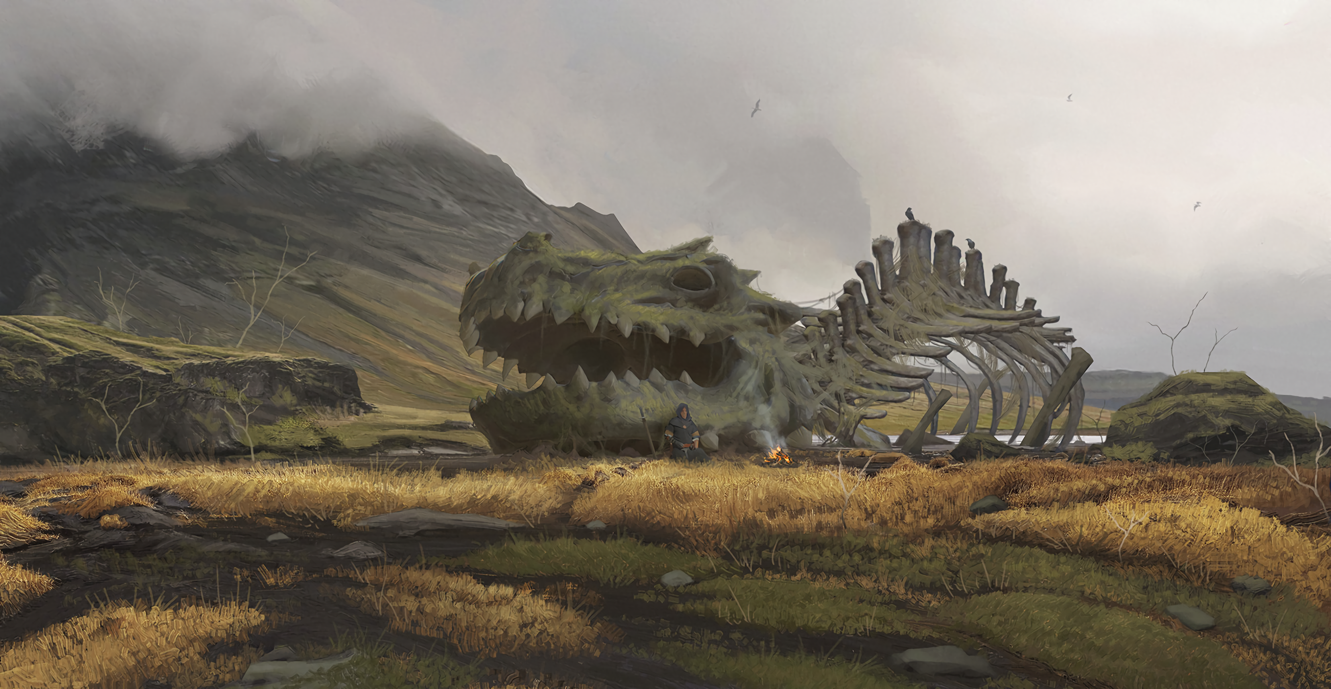 Skeleton Dragon Fantasy Art Tundra Campfire Clouds Adventurers Sword Mountains Environment 2720x1408