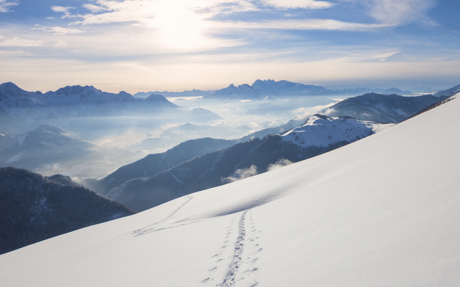 Sky Snow Mountains Windows 10 Mist Landscape Nature Bright Salzburg Austria 1920x1200