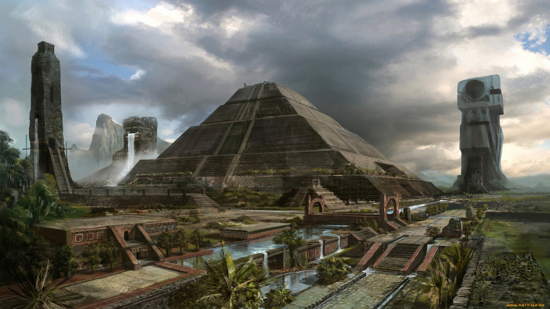Fantasy Art Pyramid Digital Art Fantasy Art Maya Civilization Pyramid Tower Palm Trees Clouds Waterf 1920x1080