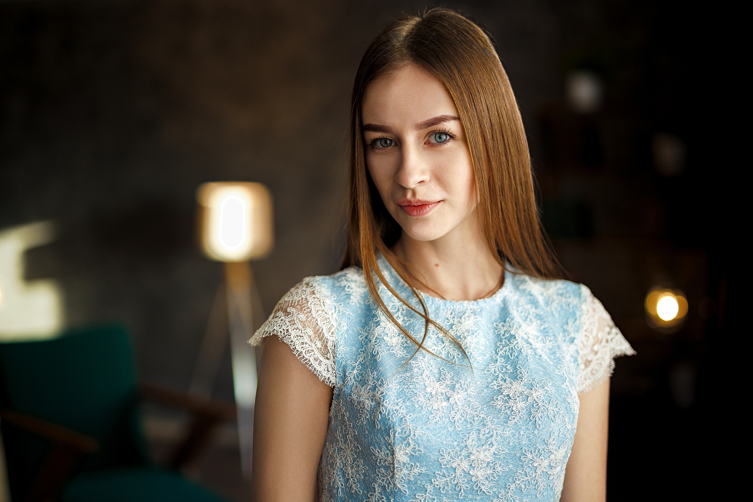 Portrait Women Model Women Indoors Brunette Long Hair Straight Hair Ivan Losev Blue Tops 2560x1707