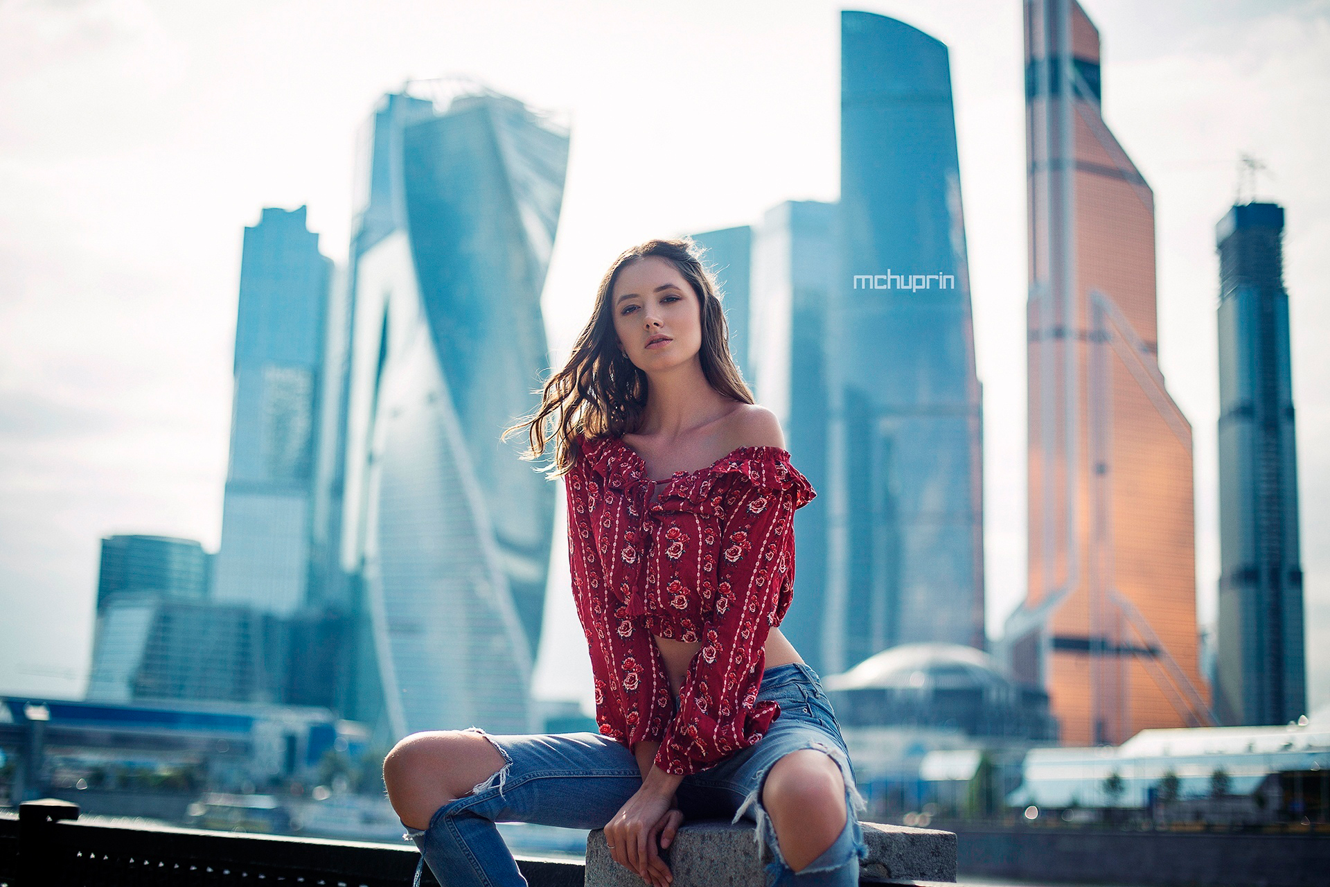 Women Cityscape Torn Jeans Portrait Women Outdoors Sitting Moscow Maxim Chuprin 1920x1280