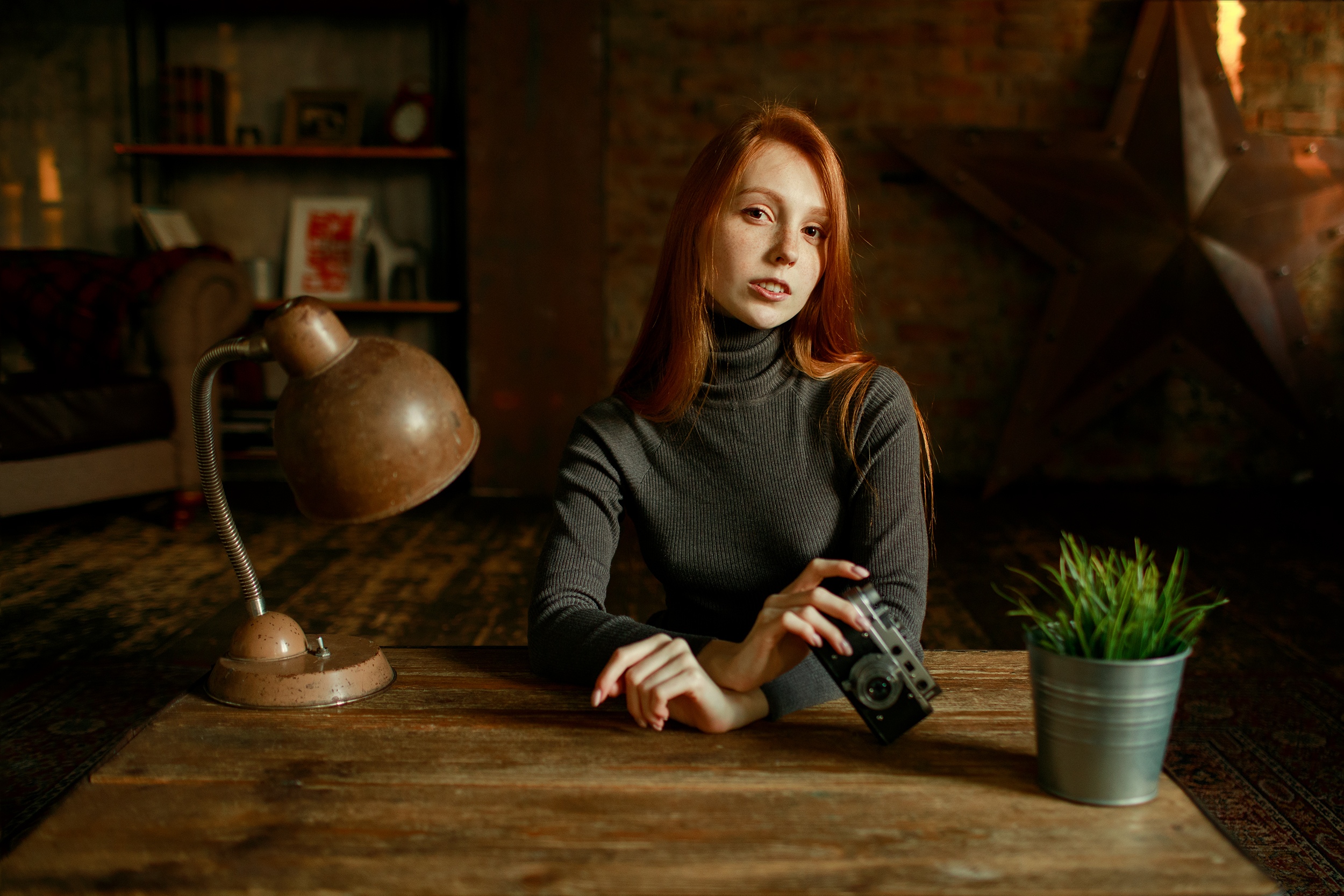 Women Model Redhead Portrait Indoors Looking At Viewer Dress Turtlenecks Camera Depth Of Field Long  2500x1667