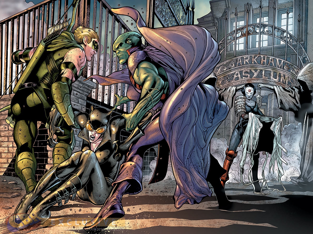 Catwoman Green Arrow Katana DC Comics Martian Manhunter Blonde Bold Black Hair Bodysuit Cape Mask We 1280x960