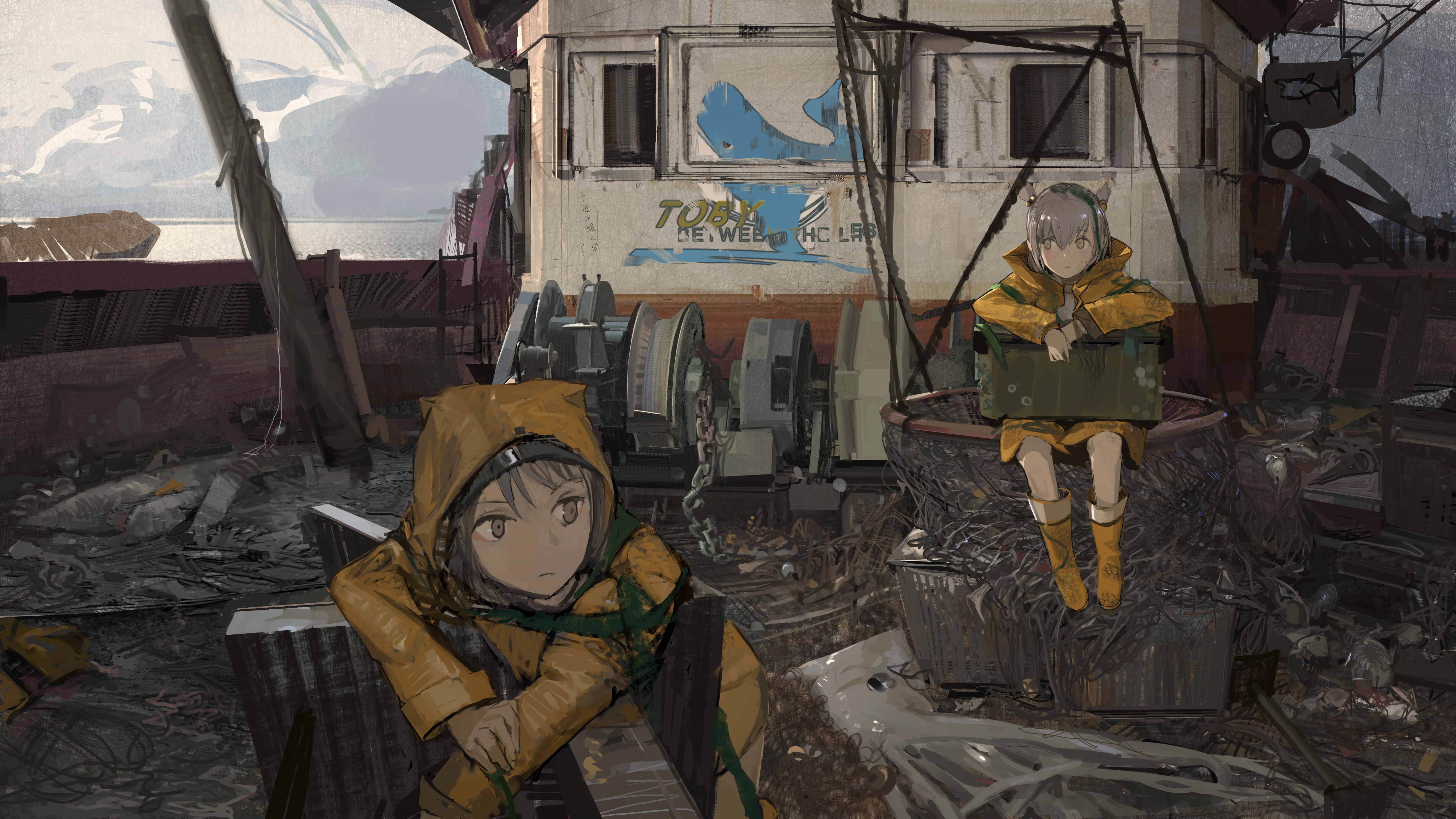 Anime Girls Original Characters Anime Looking Away Raincoat Ship Abandoned Artwork Drawing Digital A 5333x3000