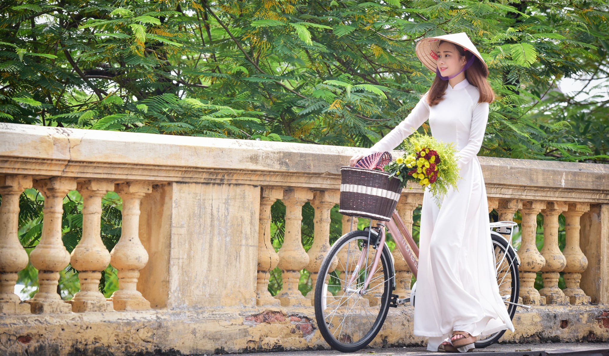 Women With Bicycles Women Flowers Model Women Outdoors Hat White Dress 2048x1197