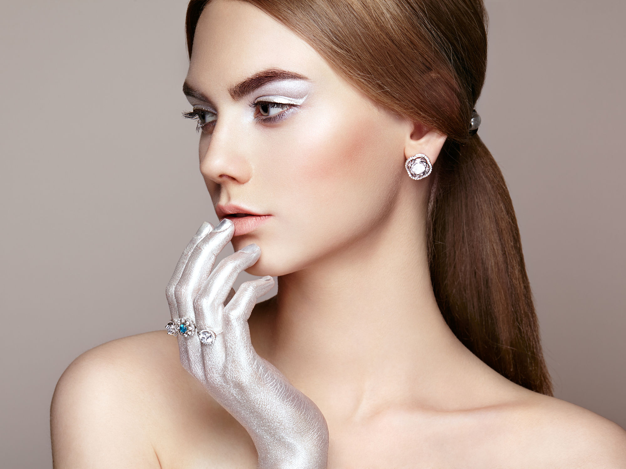 Oleg Gekman Brunette Long Hair Ponytail Silver Make Up Fashion Portrait Earring Rings Eyeshadow Body 2000x1500