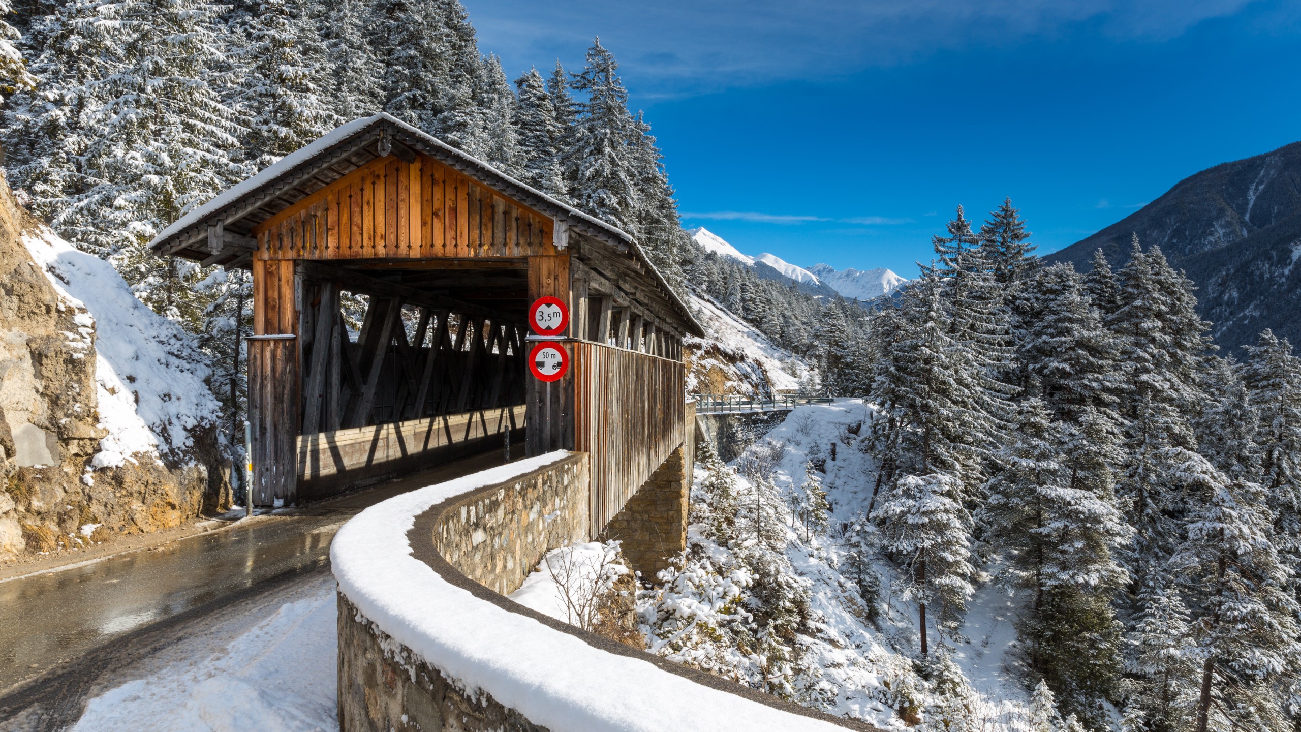 Bridge Switzerland Snow Alps Swiss Alps 2560x1440